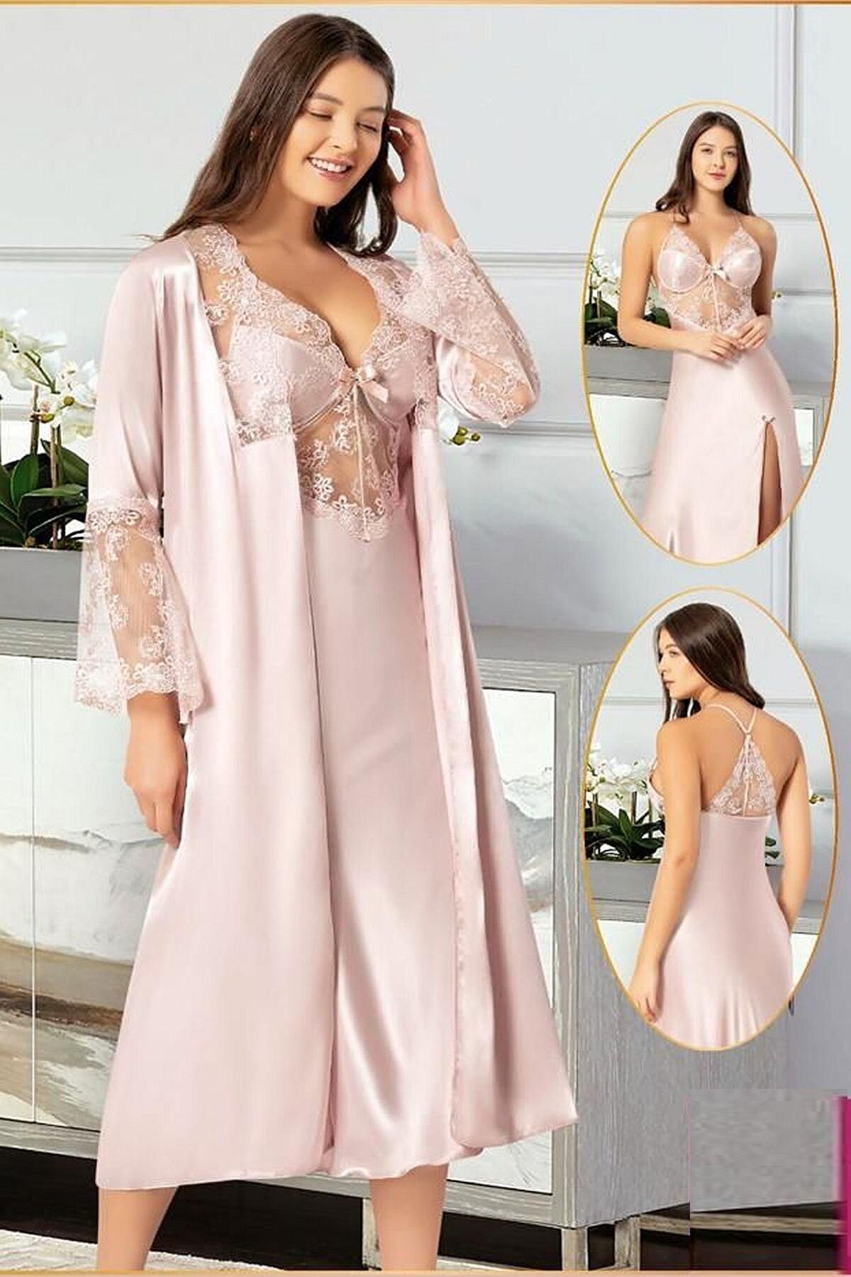 Saten Pudra İnce Askılı Midi Boy Gecelik Seti XSES 2110 - Pudra