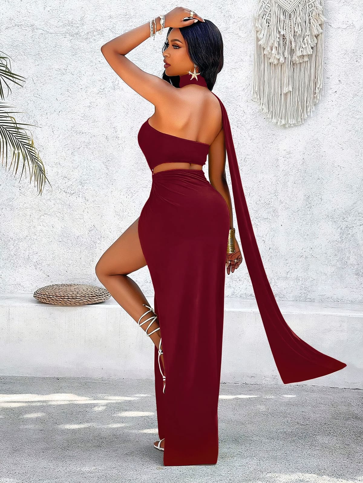 Bordo Uzun Kadın Elbise Fantezi Kostüm Pink Night 5547 - Bordo