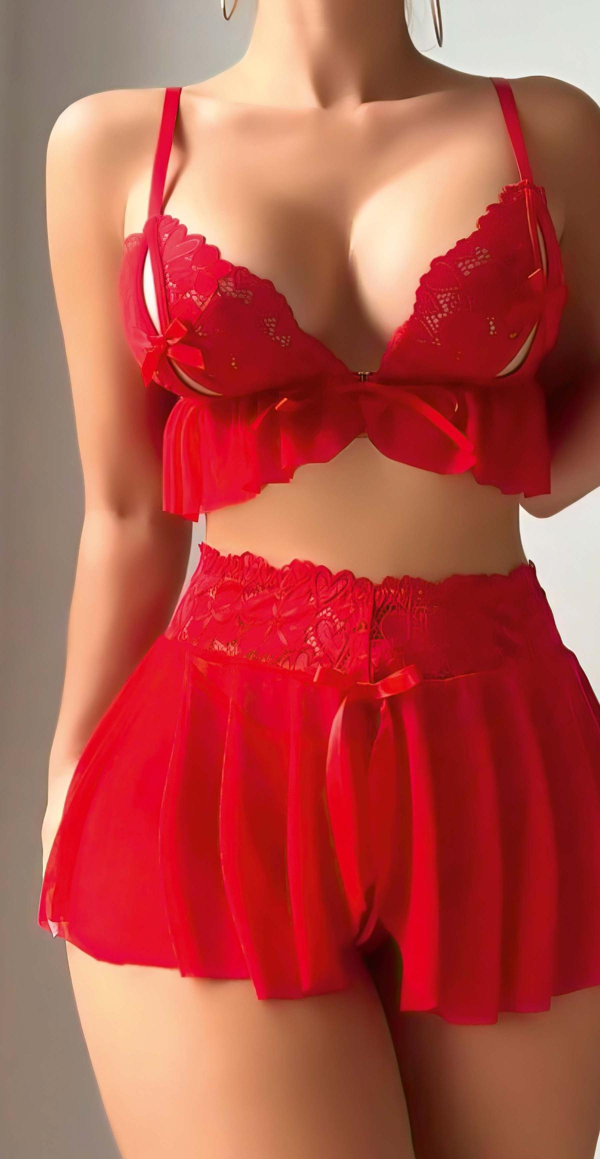 Dantel Detaylı Kırmızı Etekli Sütyen Takım Lily Bianca 126 - Kırmızı