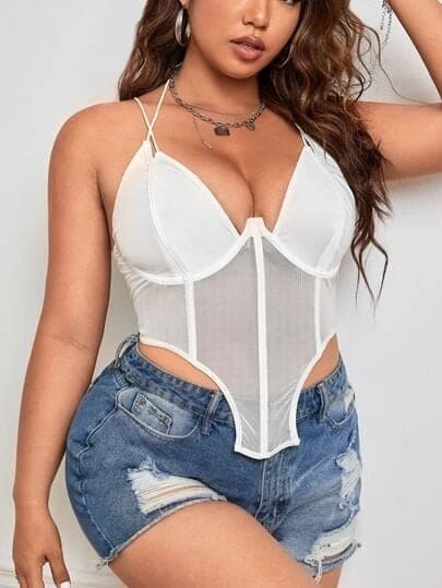 Balenli İnce Askılı Şeffaf Body Beyaz SHE 2003 - Beyaz