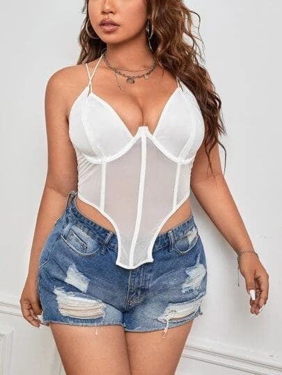 Balenli İnce Askılı Şeffaf Body Beyaz SHE 2003 - Beyaz