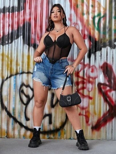 Balenli İnce Askılı Şeffaf Body Beyaz SHE 2003 - Siyah