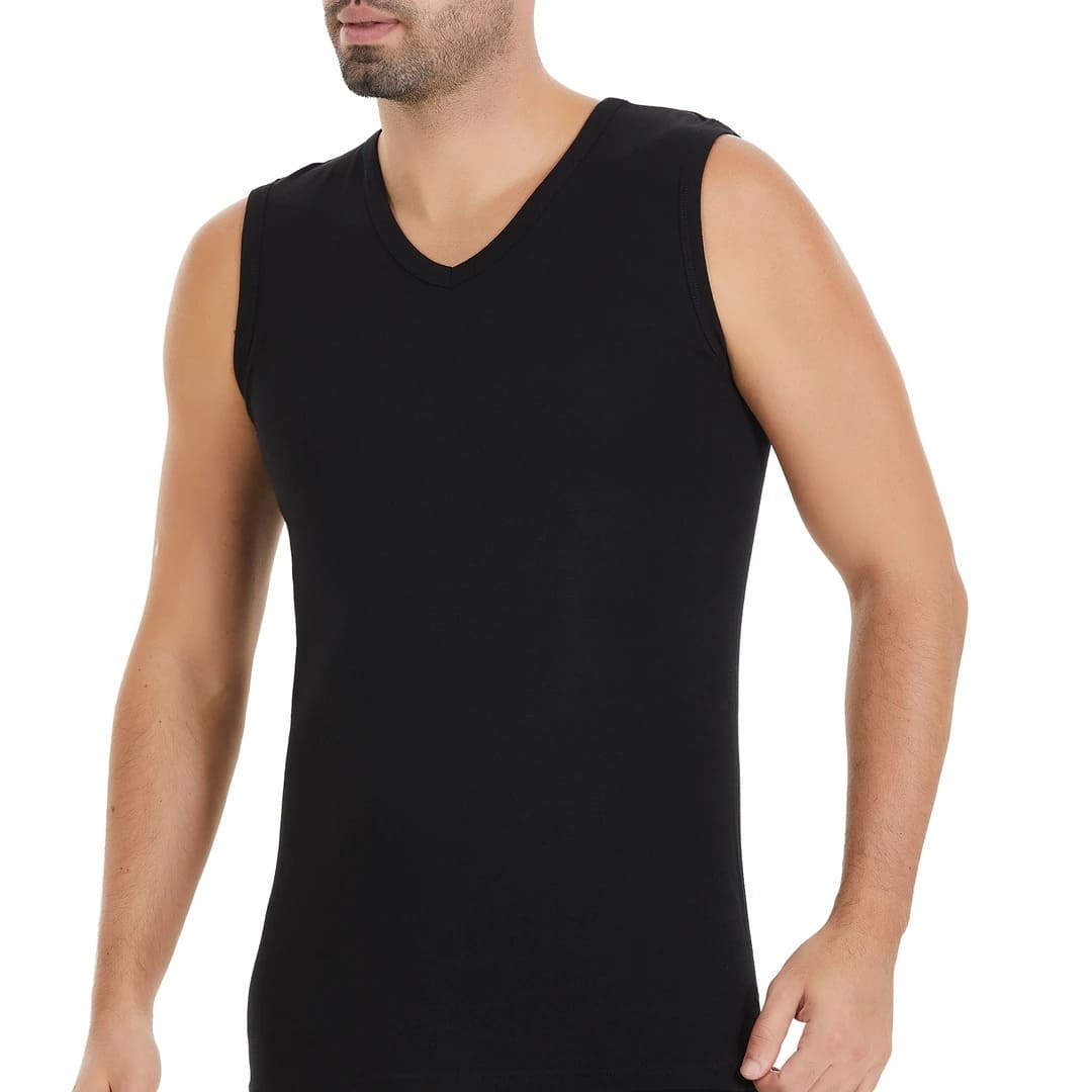 Pamuklu Ribana V-Yaka Sıfır Kollu Atlet Yıldız 24 - Siyah