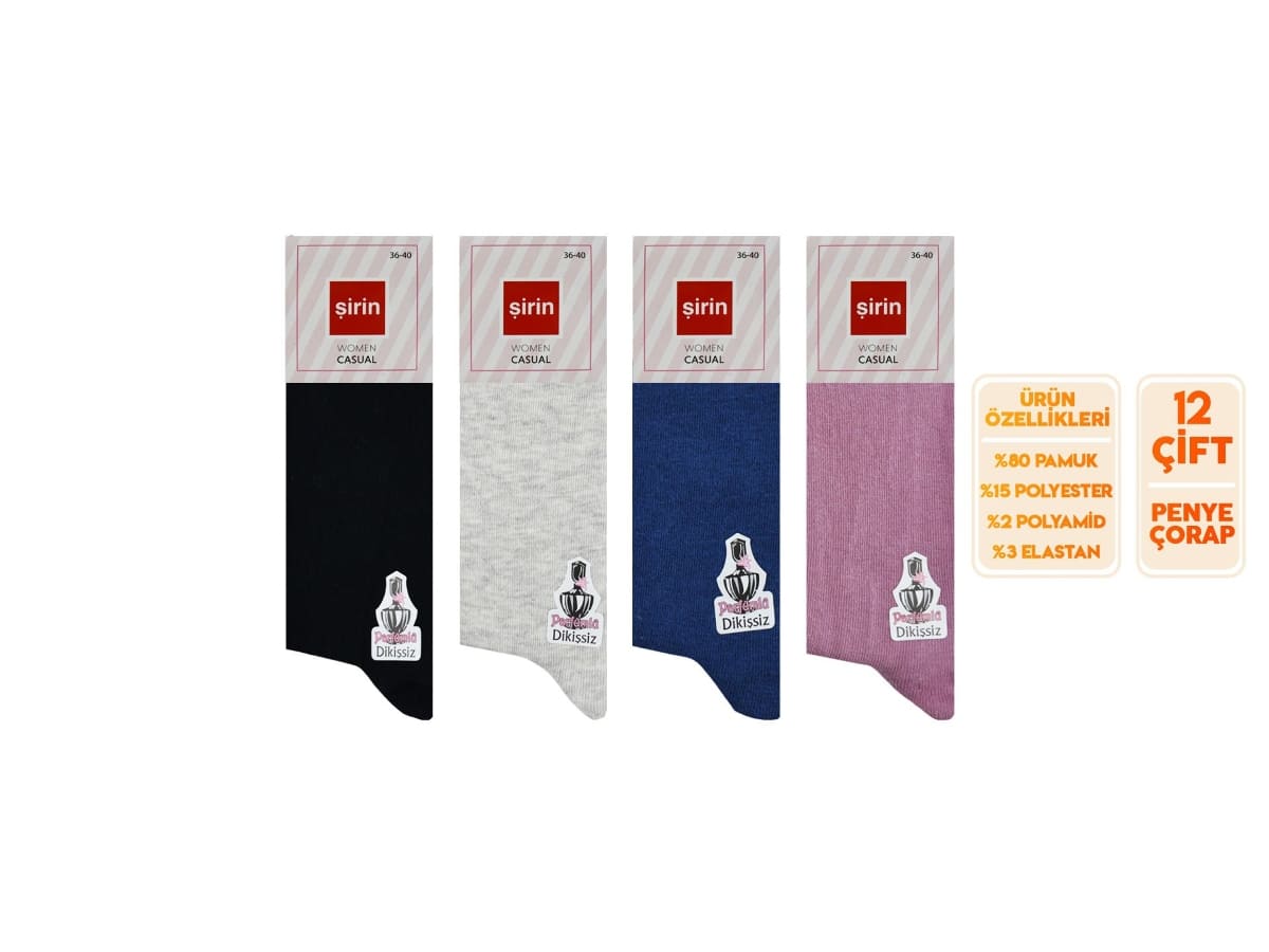 Dikişsiz Kadın Penye Çorap Mor 12'li Şirin 4150 - Düz Siyah