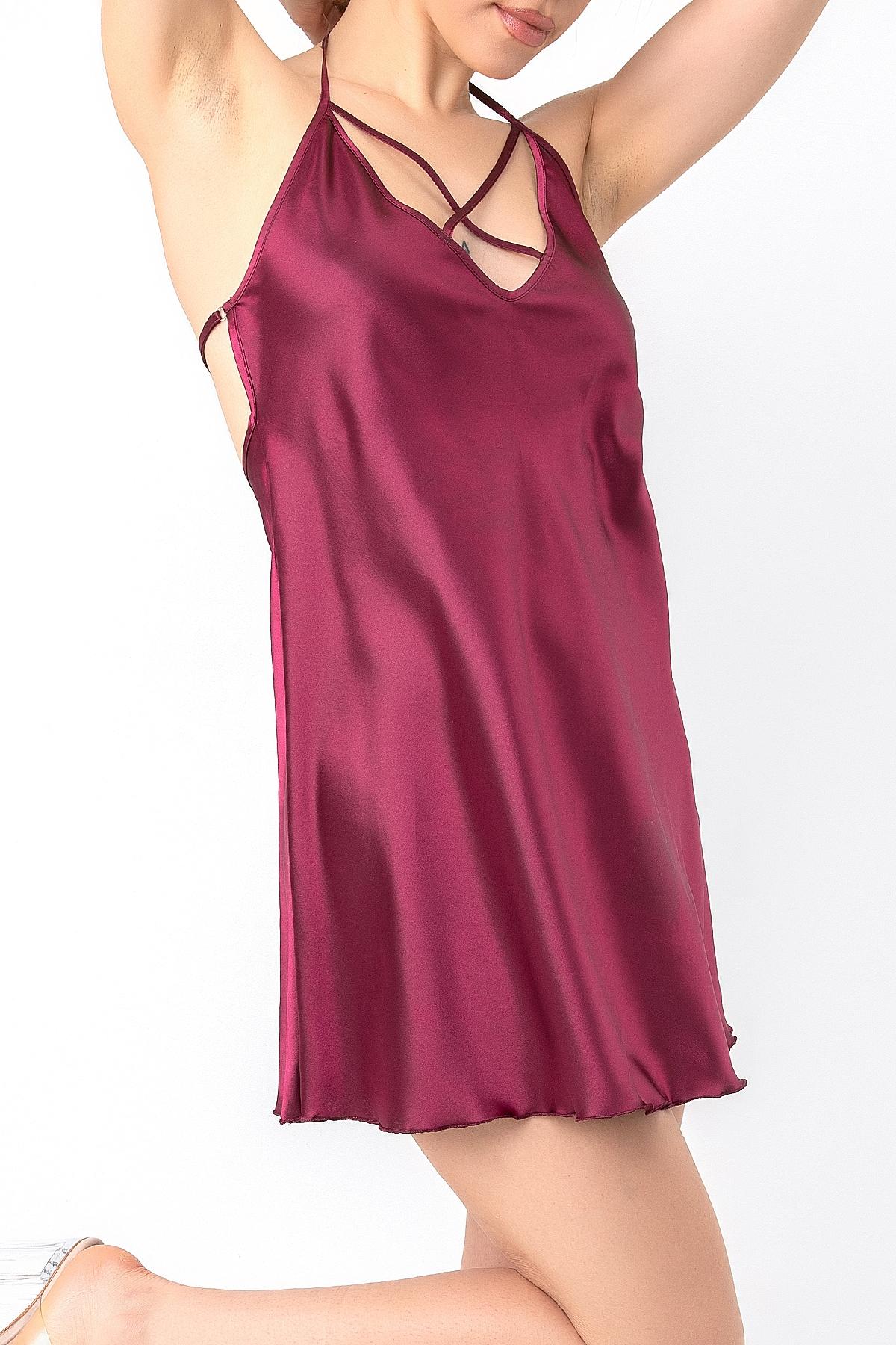Sırt Askılı Dekolteli Mini Saten Gecelik DoReMi 002-001279 - Bordo