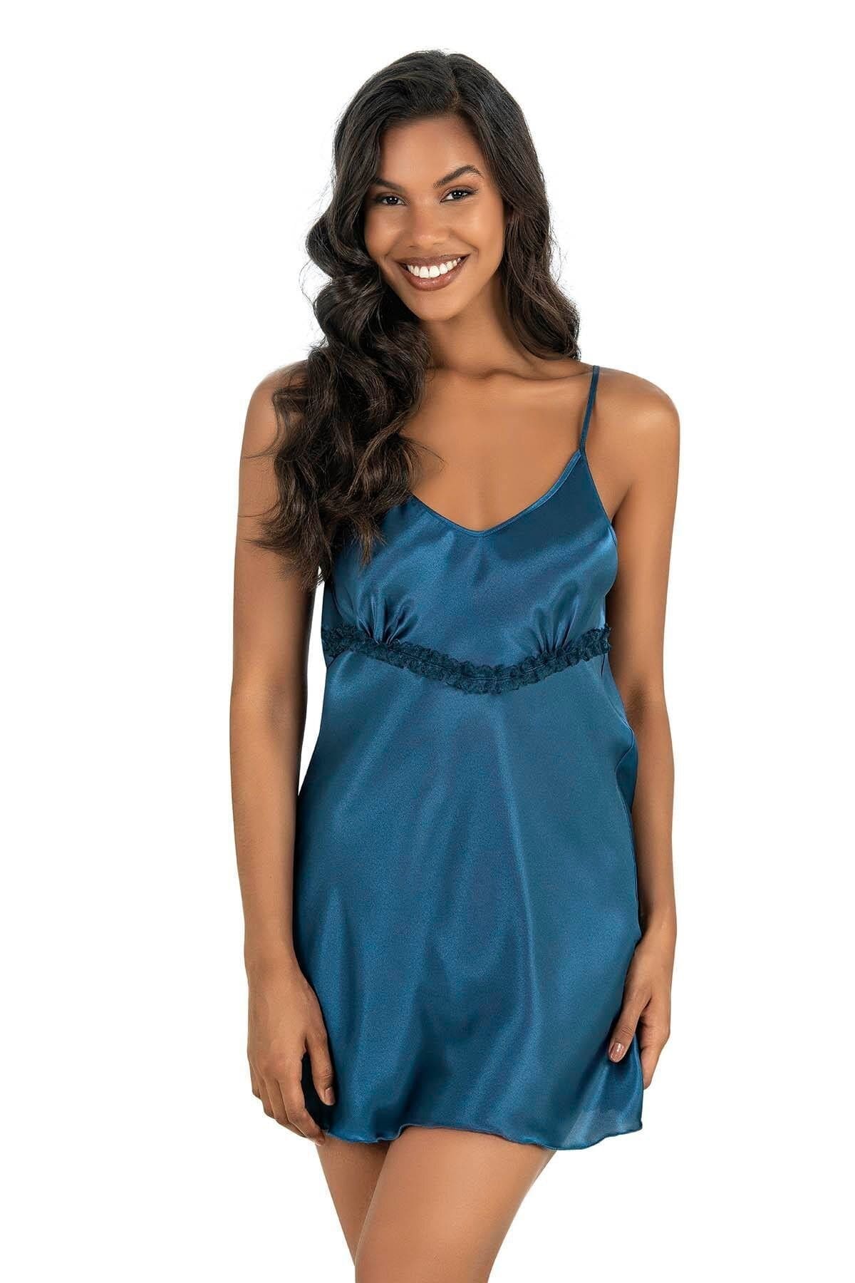 Sırt Bağlamalı Mavi Saten Gecelik Ahu 8206 - Mavi