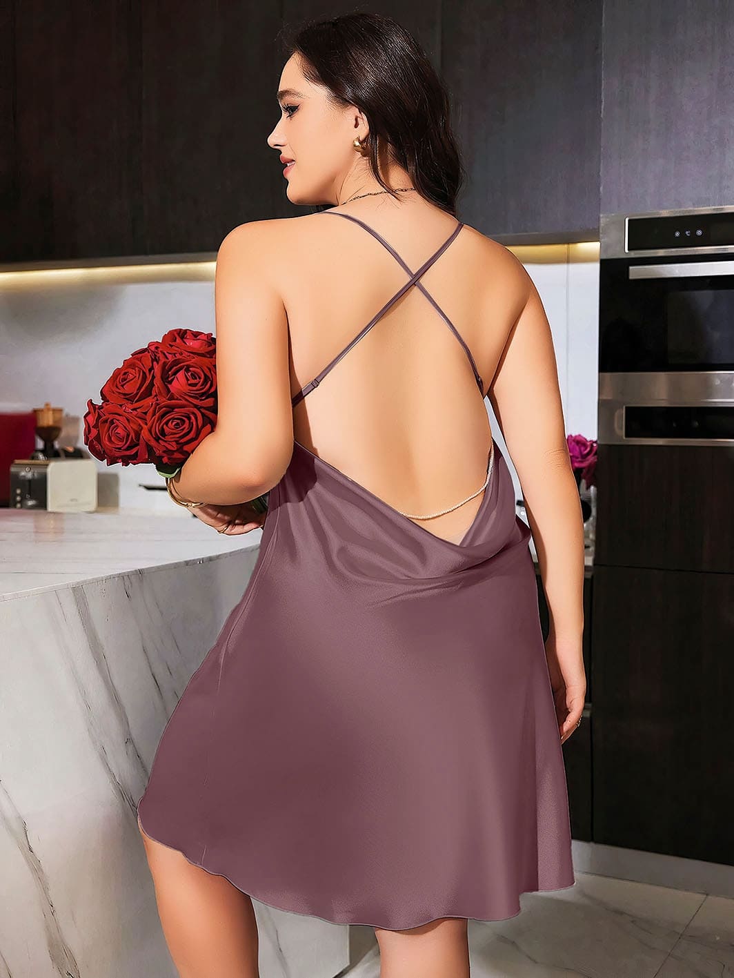 Sırt Dekolteli Şeffaf Dantel Büyük Beden Body Pink Night 6675 - Mor