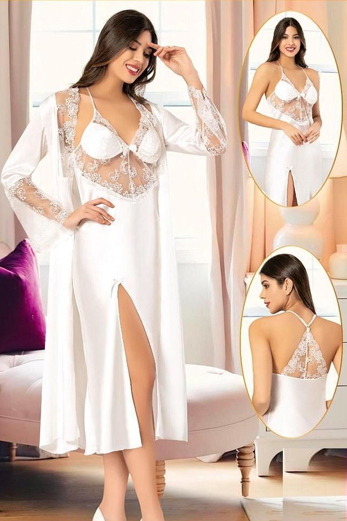 Sırt Dekolteli İnce Askılı Saten Gecelik Sabahlık Seti XSES 2110 - Ekru