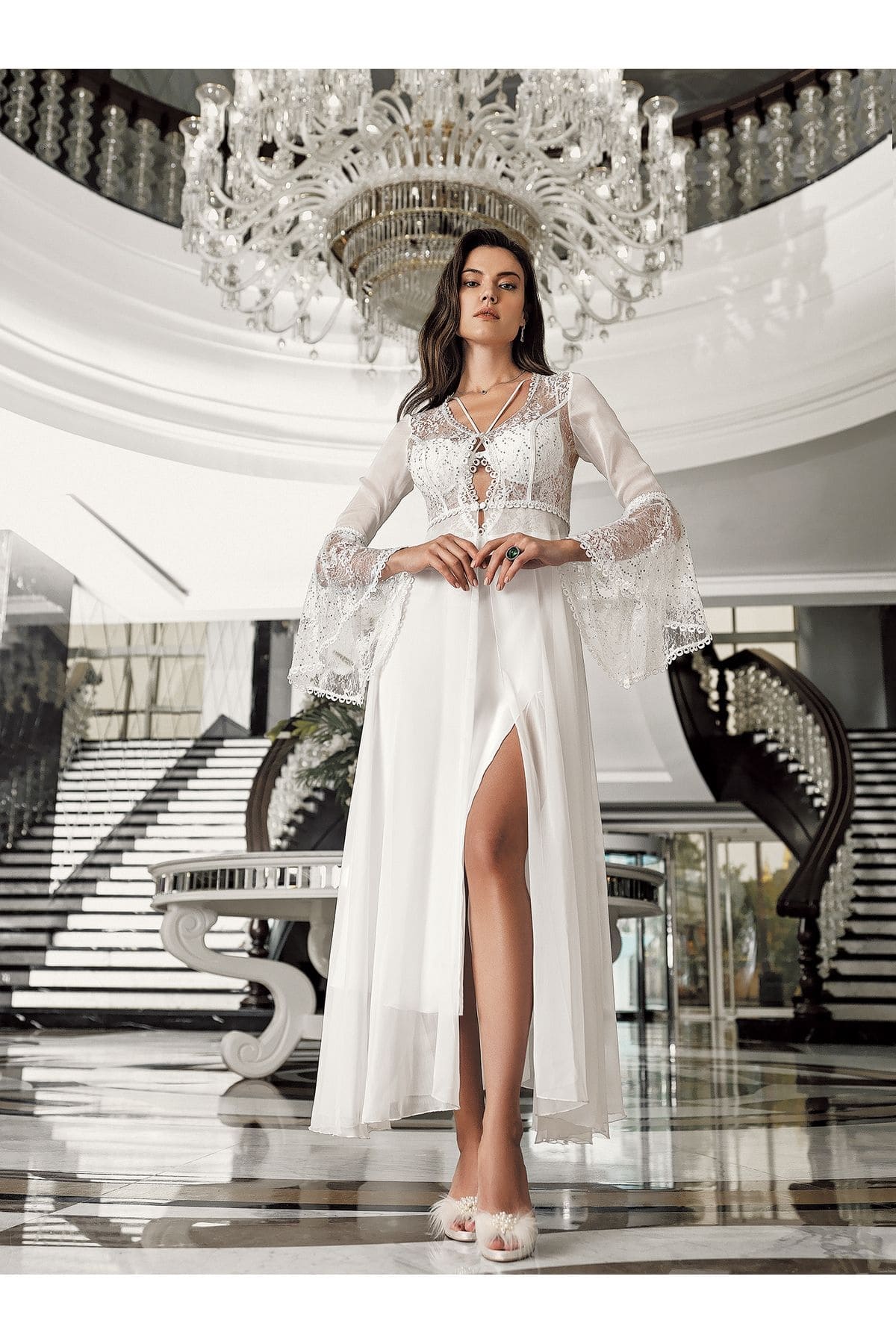 İmaj Sırtı Çapraz İpli Transparan Dantelli Gecelik Takımı İmaj 3202 - Görsel 3