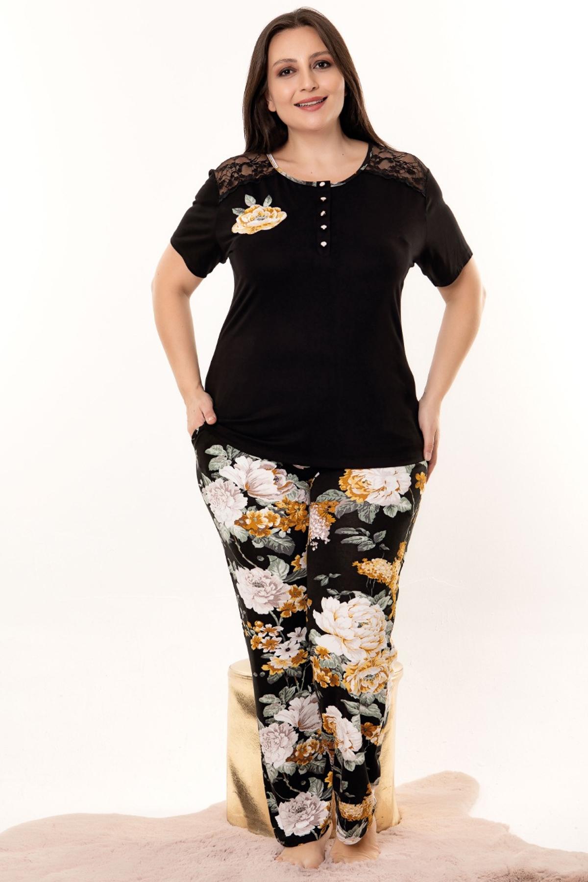 Siyah Çiçek Desenli Tüllü Viskon Kapri Pijama Takımı Lady 10972 - Siyah