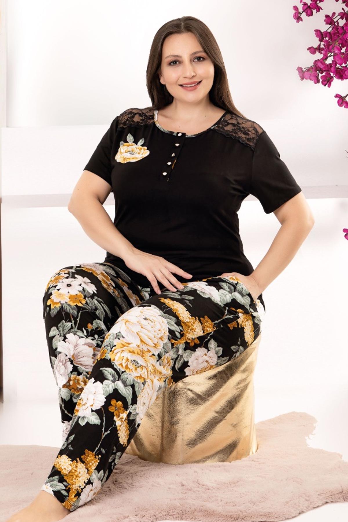 Siyah Çiçek Desenli Tüllü Viskon Kapri Pijama Takımı Lady 10972 - Siyah