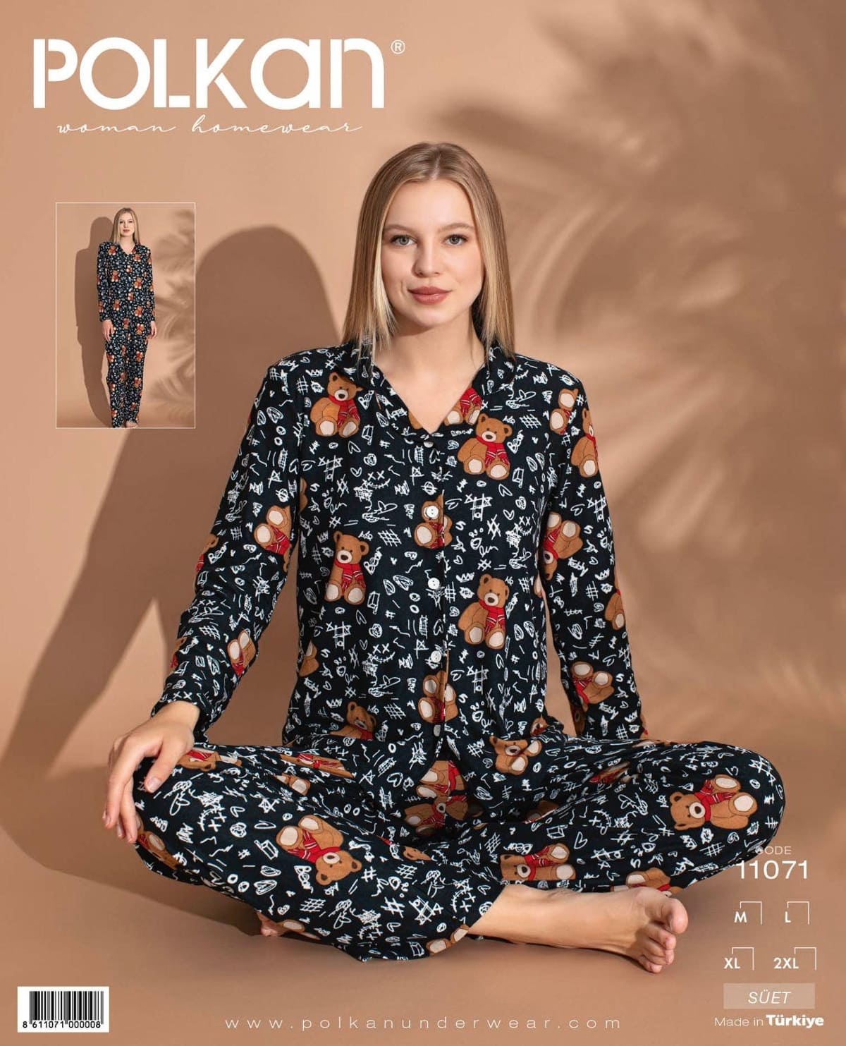 Siyah Desenli Uzun Kollu Pijama Takımı Polkan 11071 - Siyah