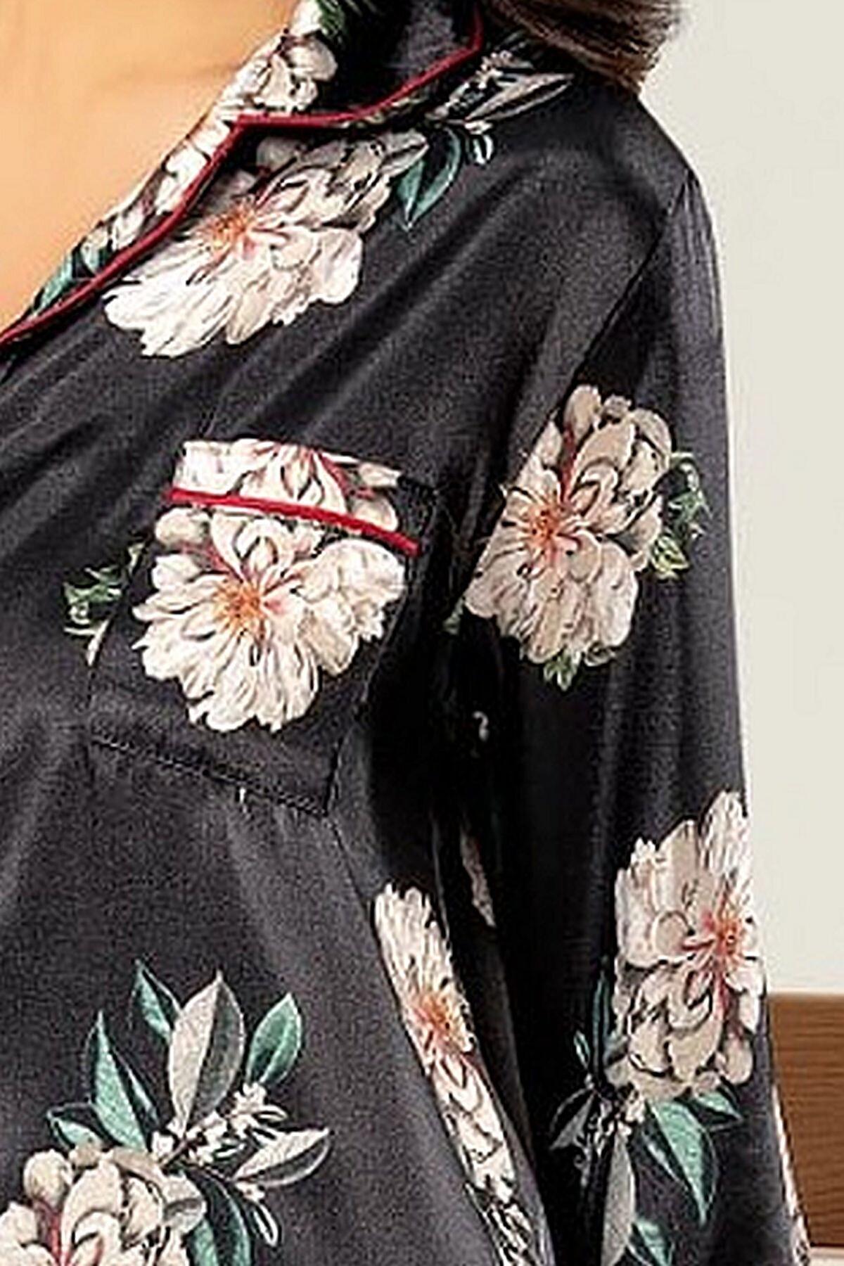 Saten Dokulu Düğmeli Gömlek Yaka Pijama Seti XSES 2000 - Siyah