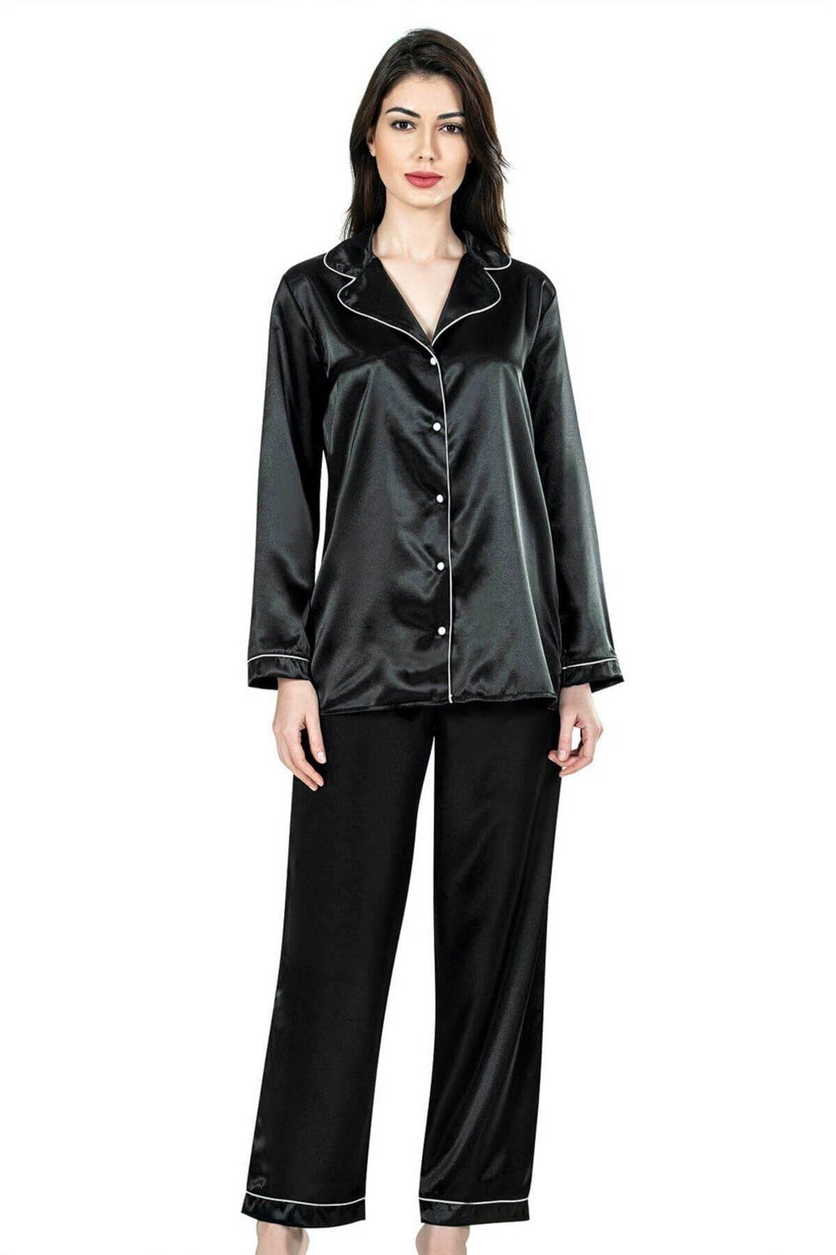 Siyah Saten Gecelik Pijama Takımı Ahu 7647 - Siyah