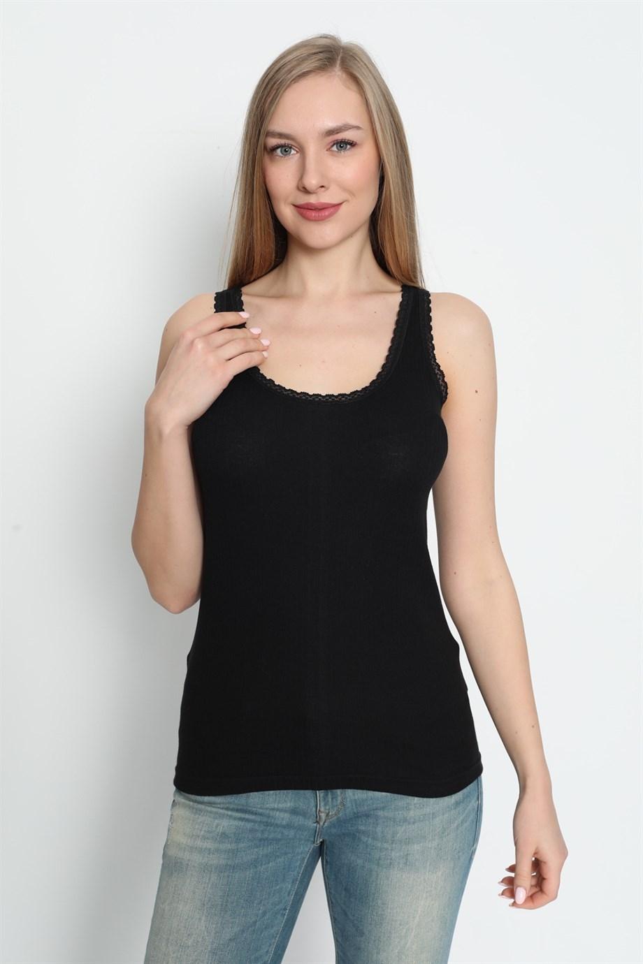 Kalın Askılı Dantelli Atlet Pamuk Ribana Arma Yıldız 3363 - Siyah