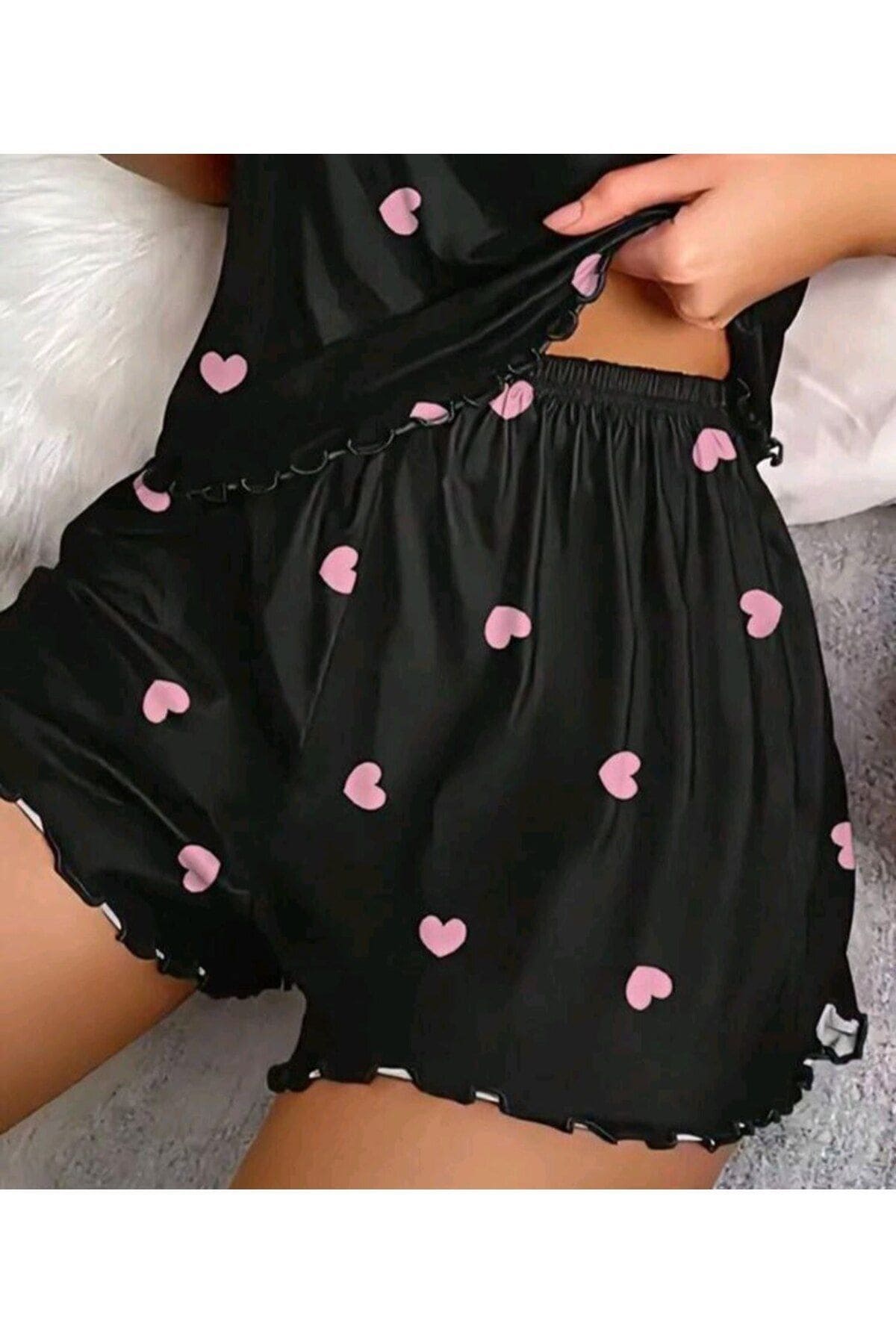 Dantel Detaylı Şort Takım Poliamid Elastan Ruselin 5018 - Siyah