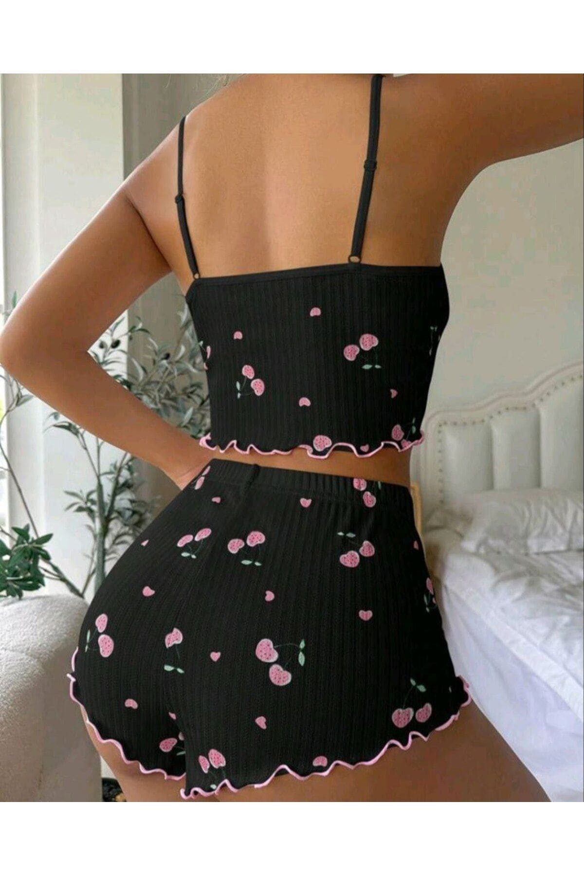 Dantel Detaylı Siyah Kiraz Desen Şort Takım Ruselin 5006 - Siyah