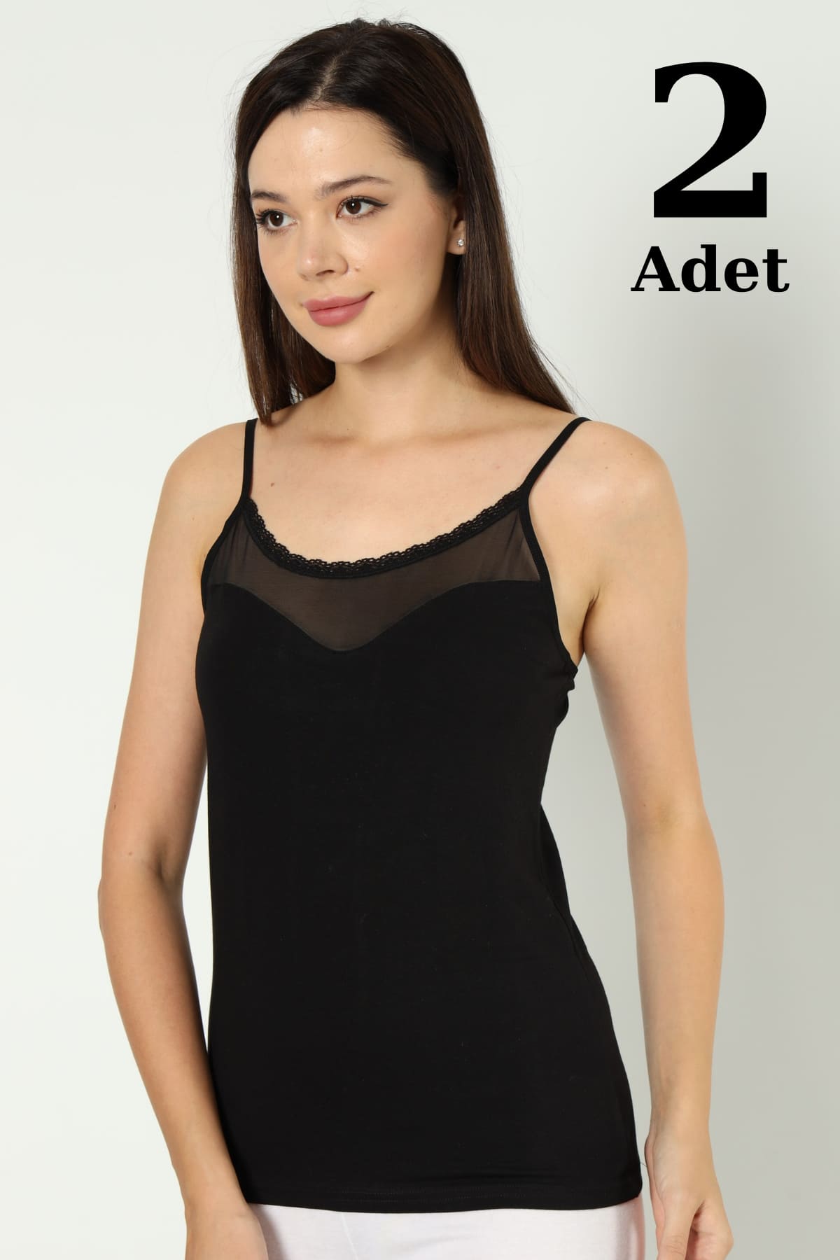 Siyah Likralı Tüllü İp Askılı Atlet Arma Yıldız 3367 - Siyah