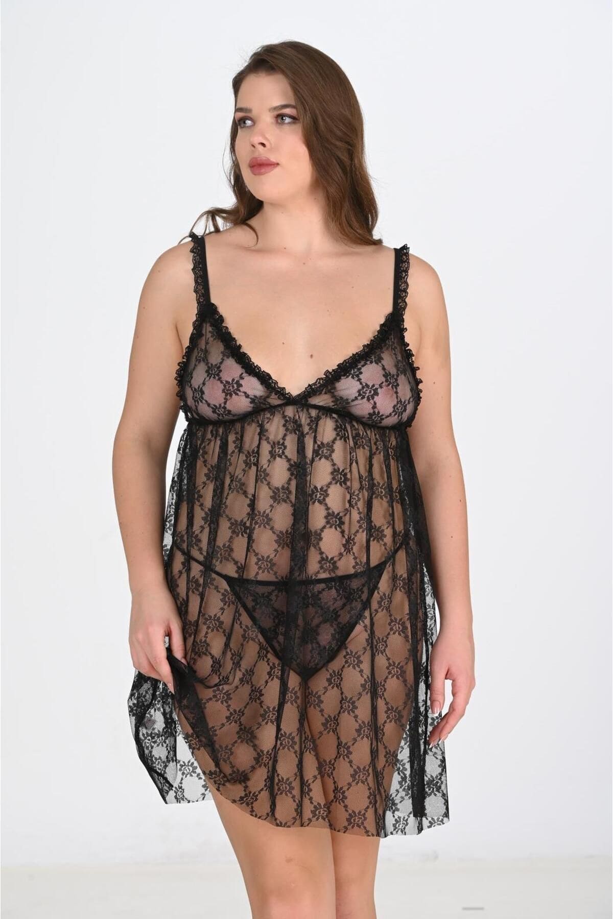 Siyah Tül Dantel Tek Parça Body Ahu 3041 - Siyah