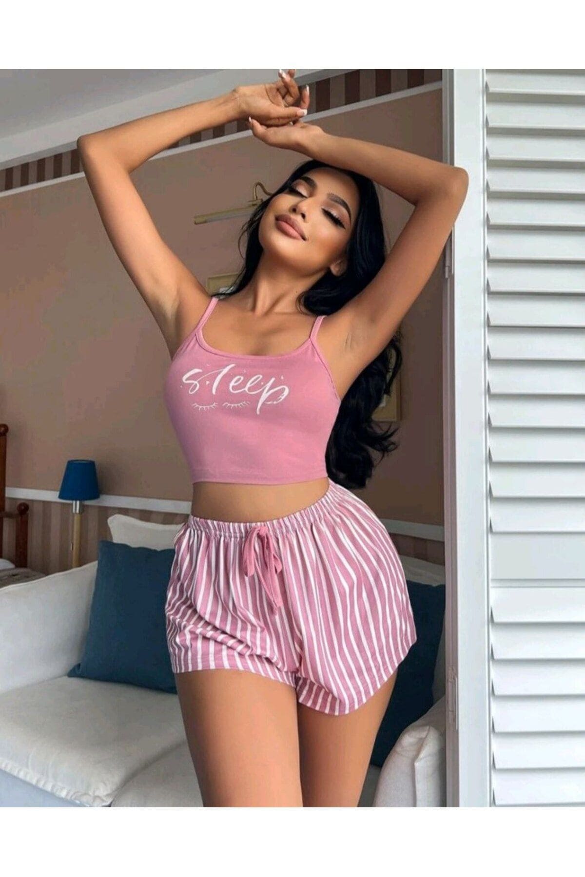 Dantel Detaylı Leopar Askılı Şortlu Takım Ruselin 5002 - Pembe