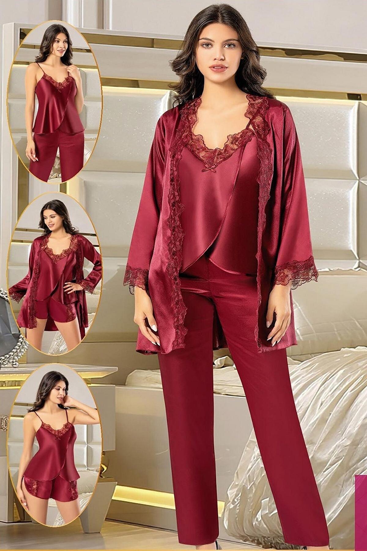 Saten ve Empirme Desenli Şortlu Pijama Çeyiz Seti XSES 2165 - Bordo