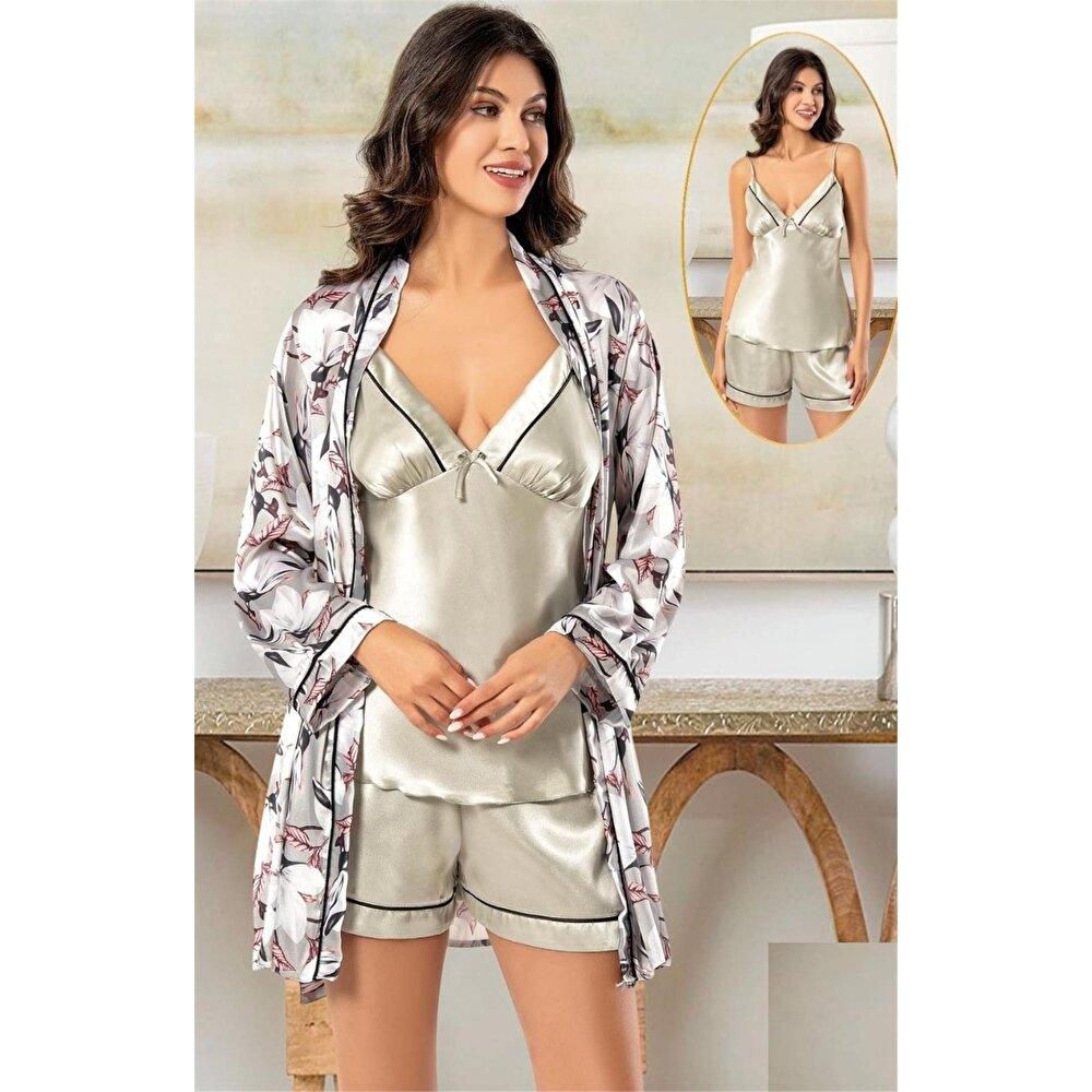 Gri Desenli Şortlu Saten Sabahlık Pijama Çeyiz Seti XSES 2156 - Gri