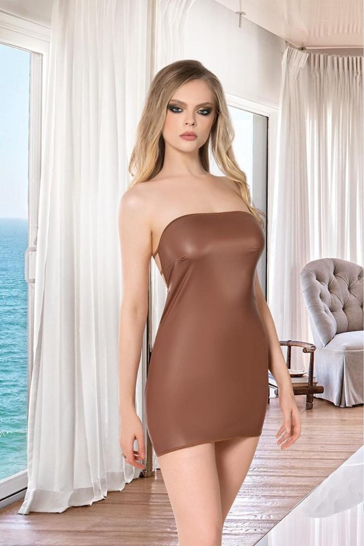 Straplez Kahverengi Lame Deri Elbise İzabel 8013 - Kahverengi