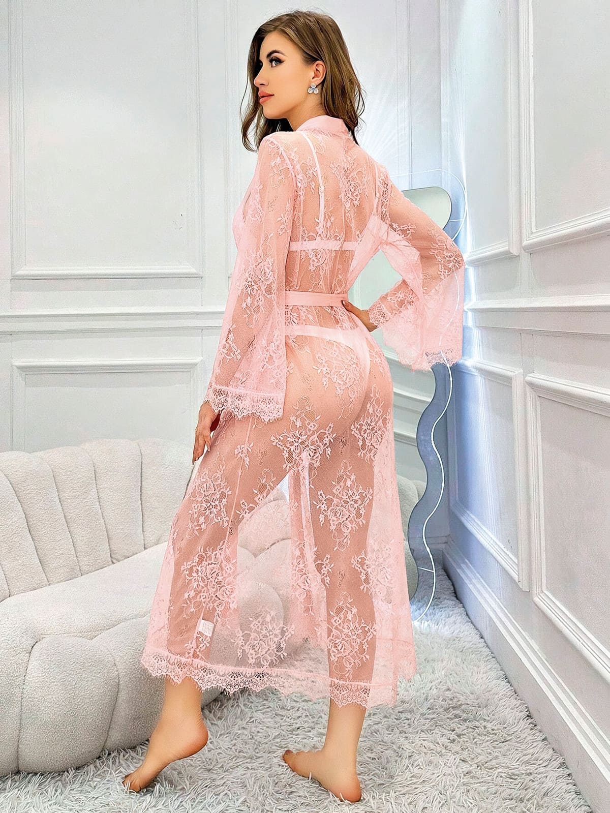 Tam Dantelli Leopar Uzun Sabahlık Kadın Pijama Takımı Pink Night 1320 - Pembe