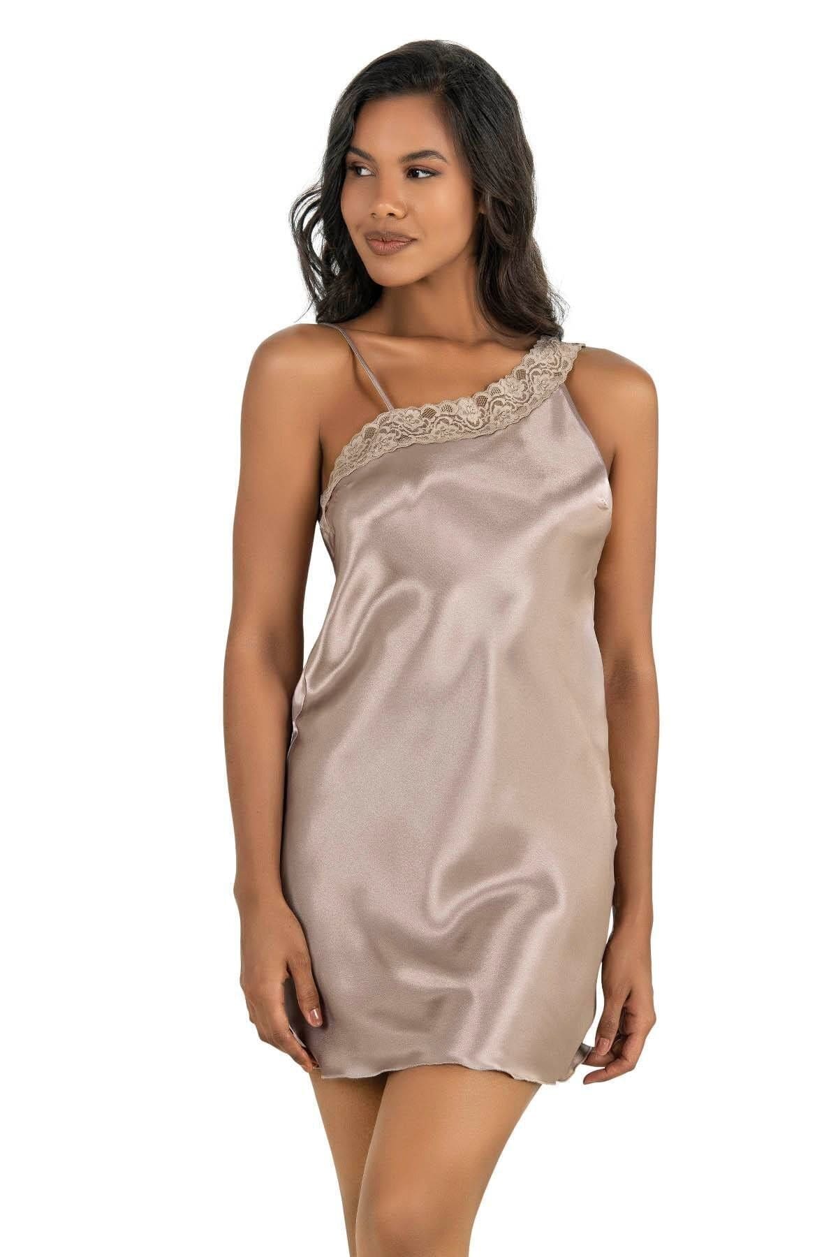 Kısa Saten Kadın Gecelik Siyah-Gri Ahu 8228 - Pudra