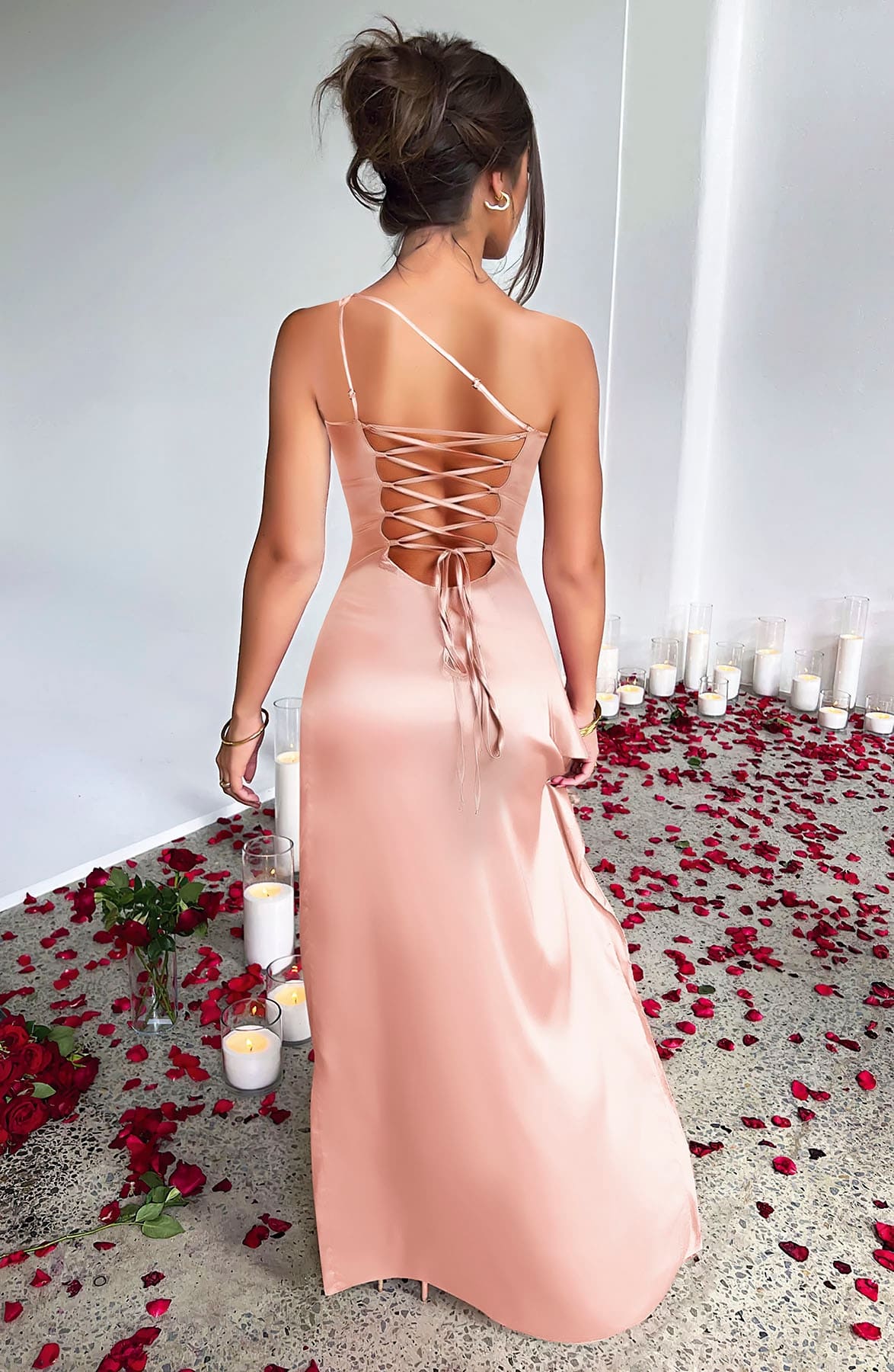 Tek Omuz Sırt Dekolteli Derin Yırtmaçlı Elbise Fantezi Kostüm Pink Night 5539 - Ten