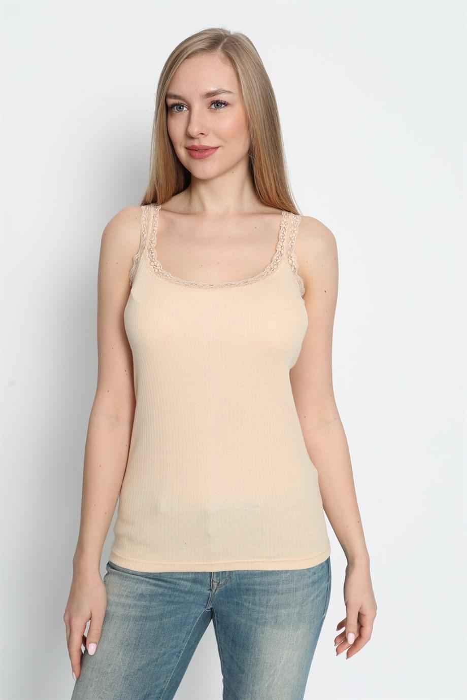 İnce Askılı Dantelli Atlet Pamuk Ribana Arma Yıldız 3362 - Ten