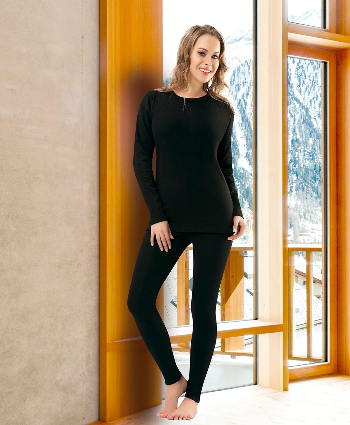 Uzun Kollu Termal Kadın Alt Üst Takım Nefes Alabilir Somon Derya 815 - Siyah