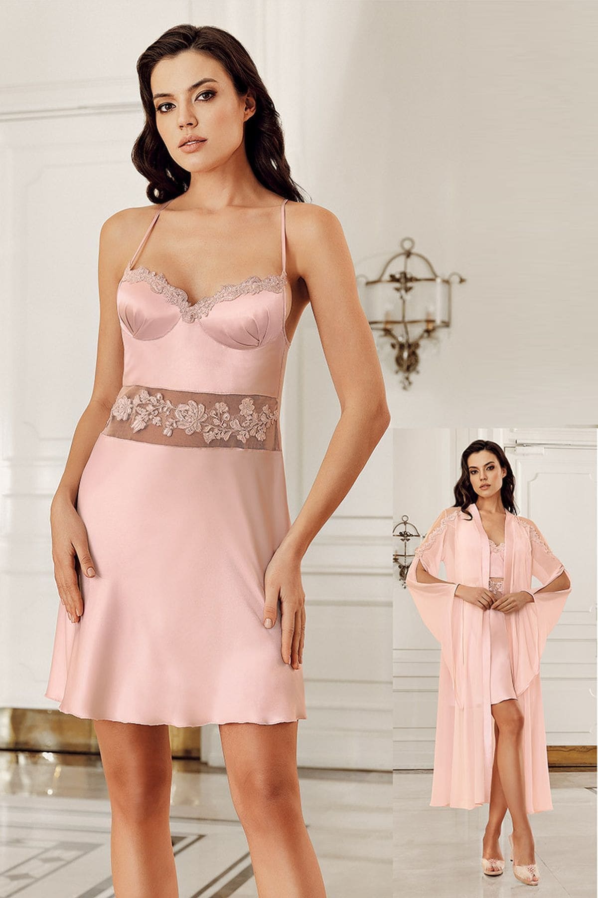 Transparan Kaplı Saten Gecelik ve Sabahlık Seti İmaj 4201 - Somon