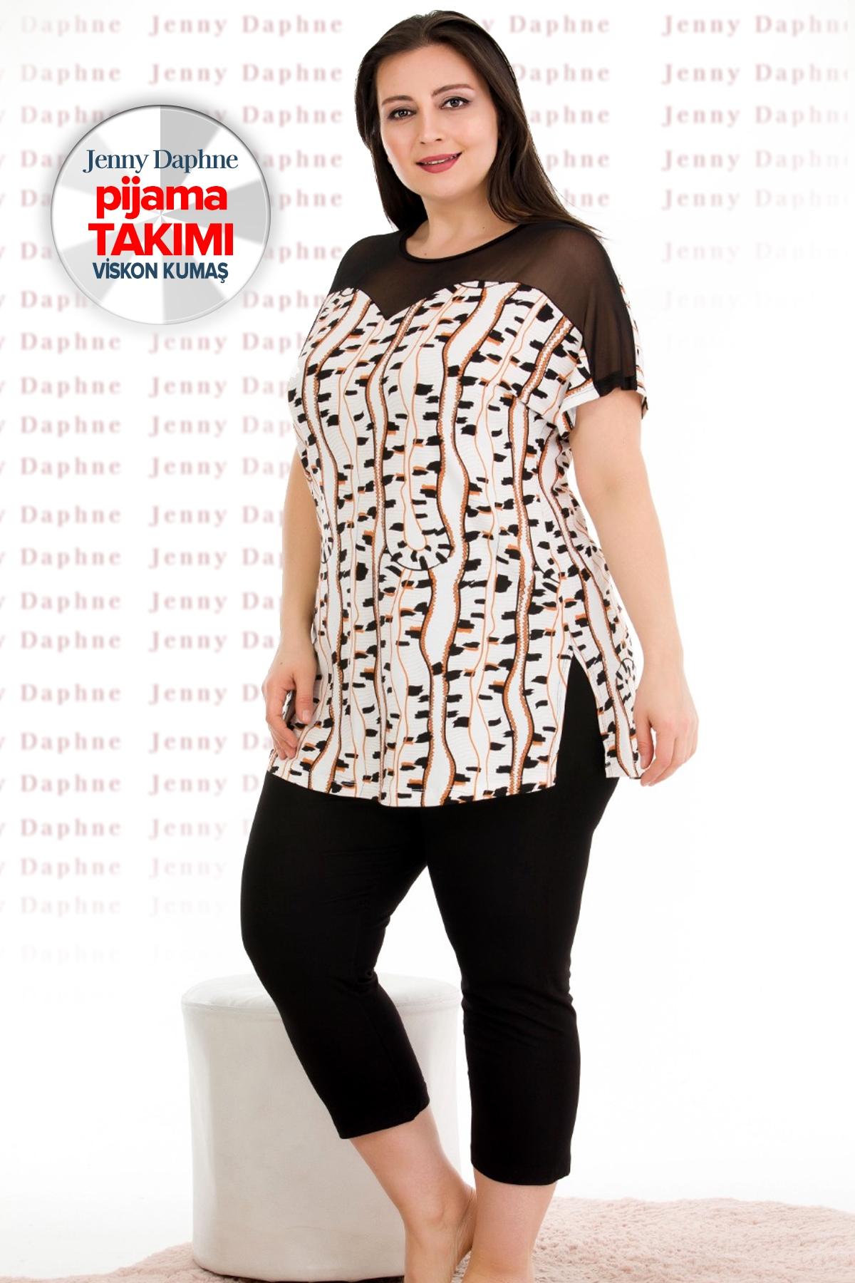 Transparan Omuzlu Büyük Beden Desenli Kapri Pijama Takımı Lady 10675 - Siyah