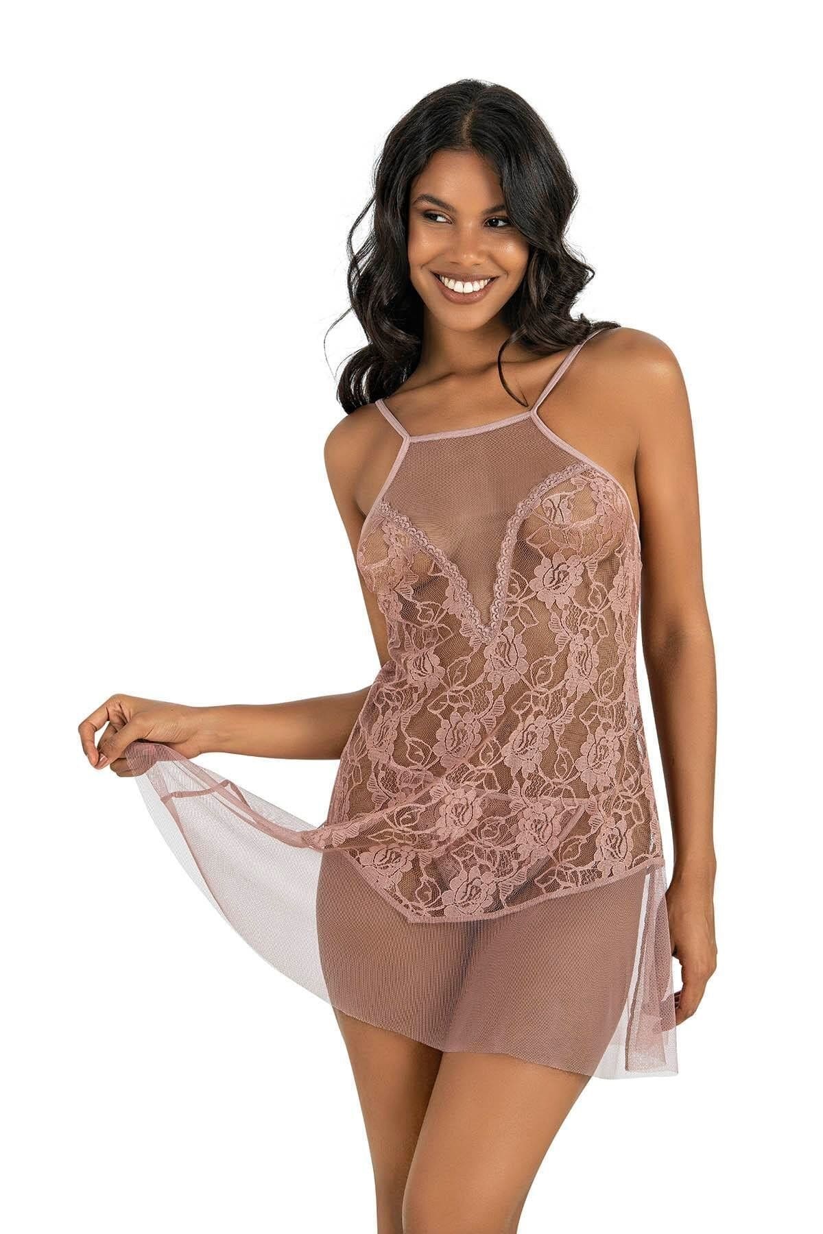 Şeffaf Vizon Kısa Tül Gecelik Ahu 4227 - Pudra