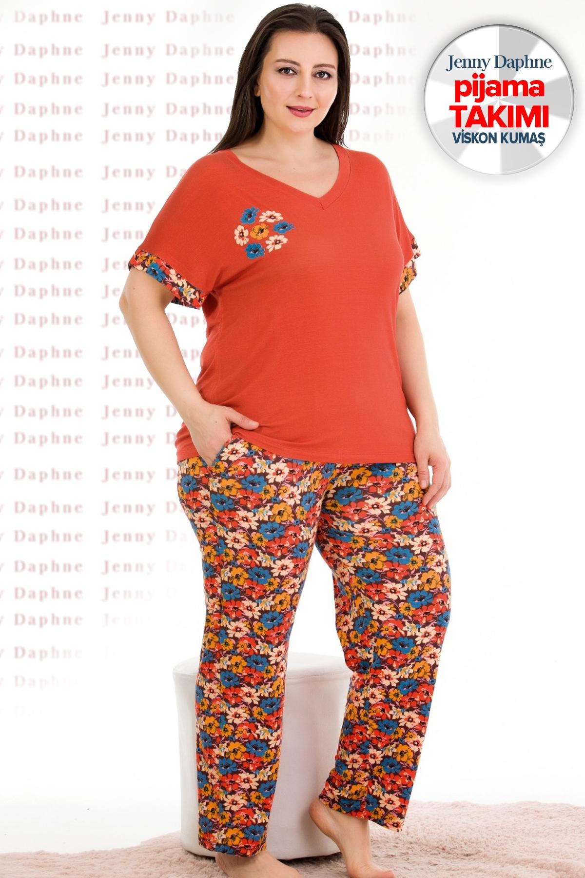 Turuncu Çiçekli Büyük Beden Kısa Kollu Pijama Takımı Lady 10938 - Turuncu