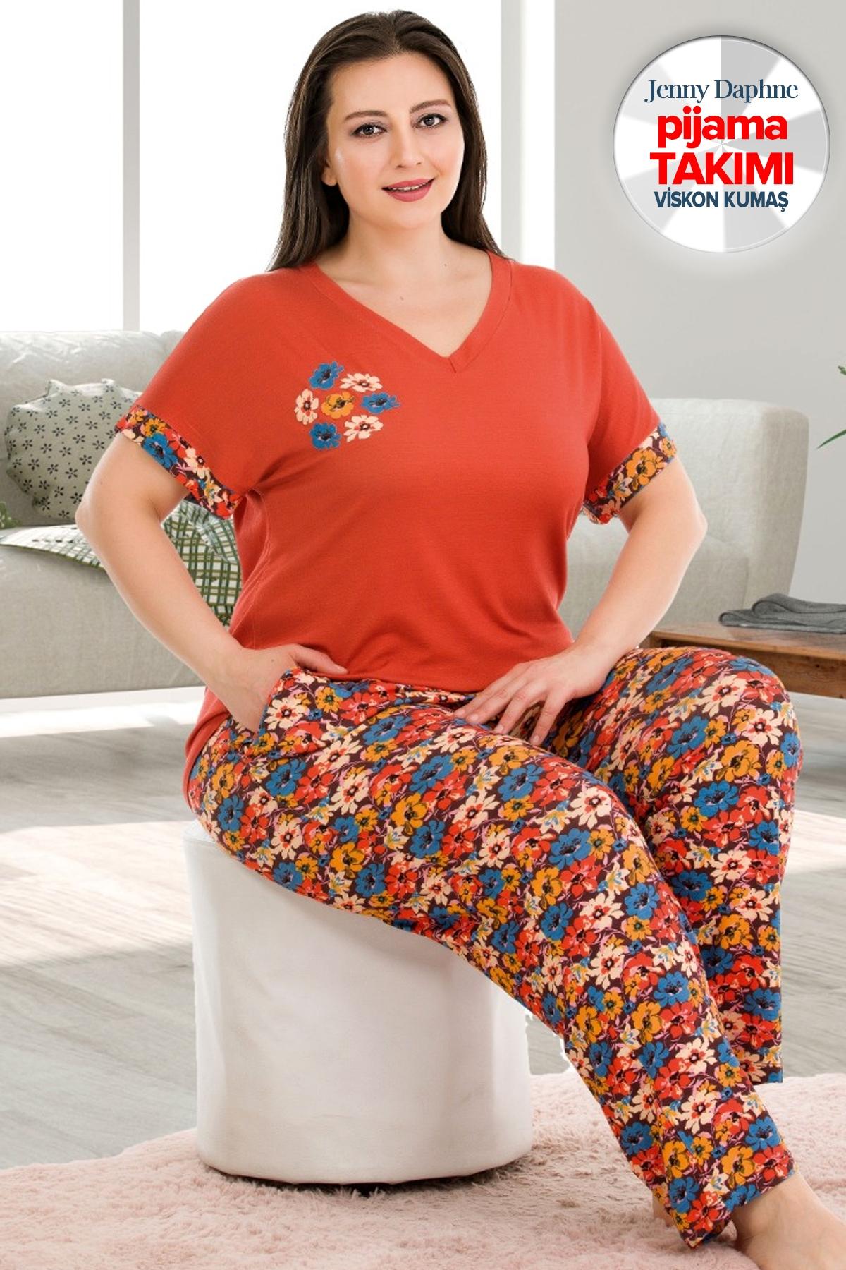 Turuncu Çiçekli Büyük Beden Kısa Kollu Pijama Takımı Lady 10938 - Turuncu