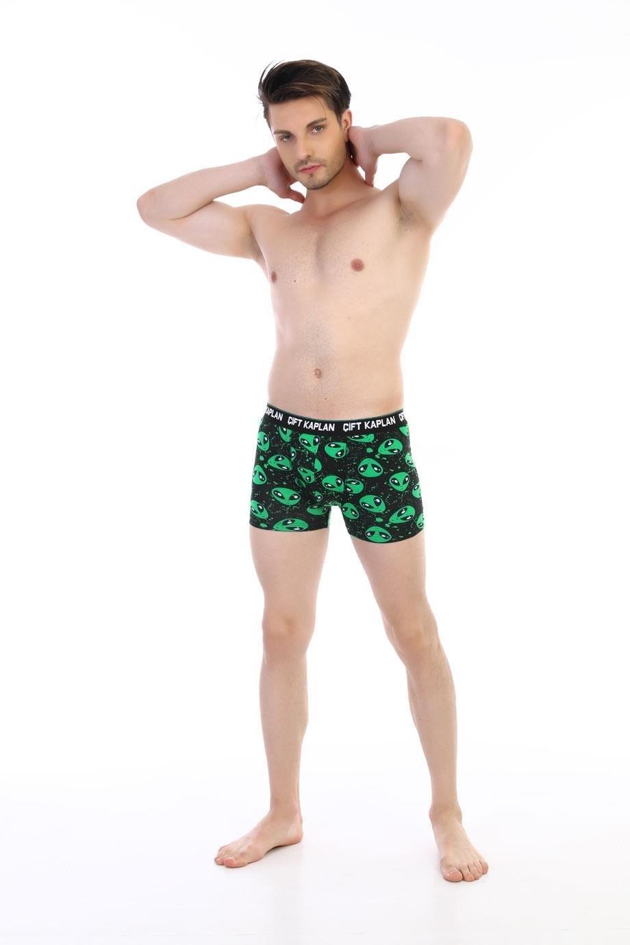 Uzaylı Desenli Pamuklu Esnek Bel Boxer Çift Kaplan 796 - Görsel