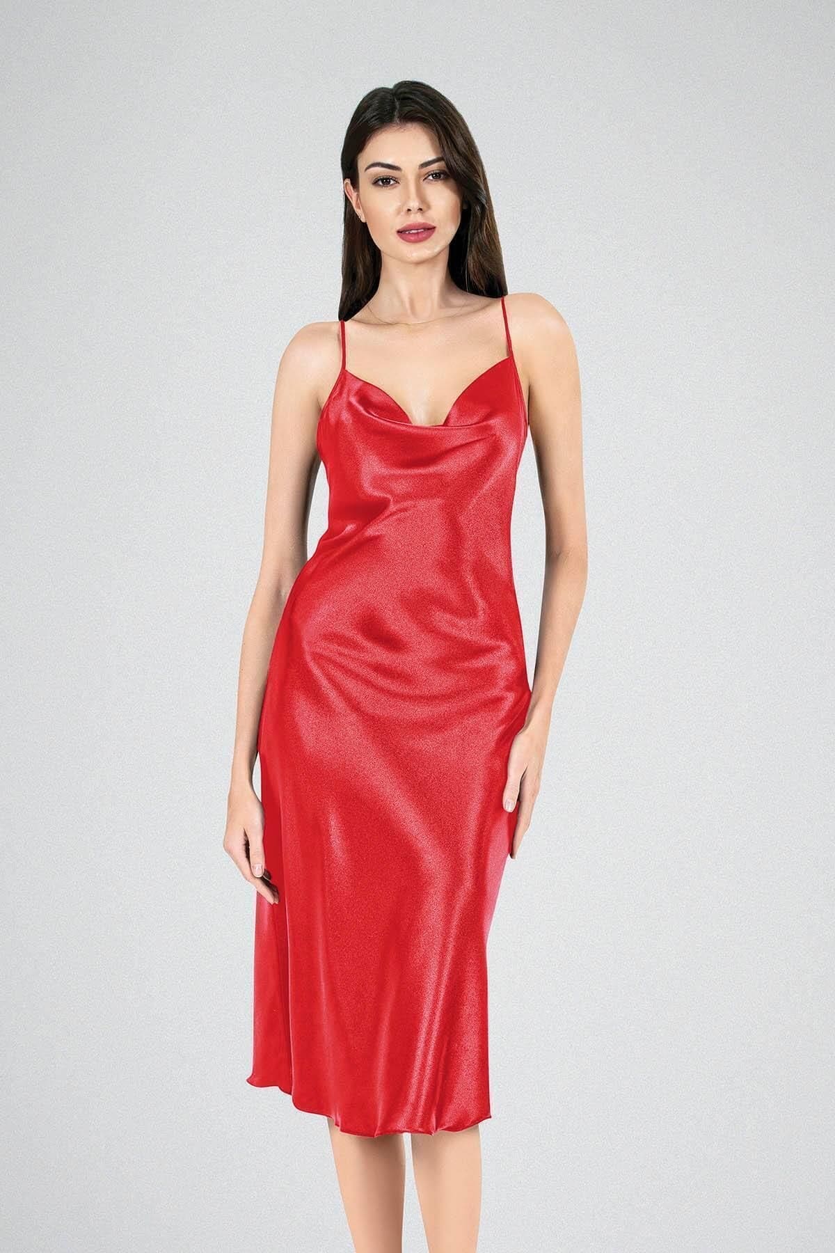 Uzun Kırmızı Saten Gecelik Kadın Ahu 7741 - Kırmızı