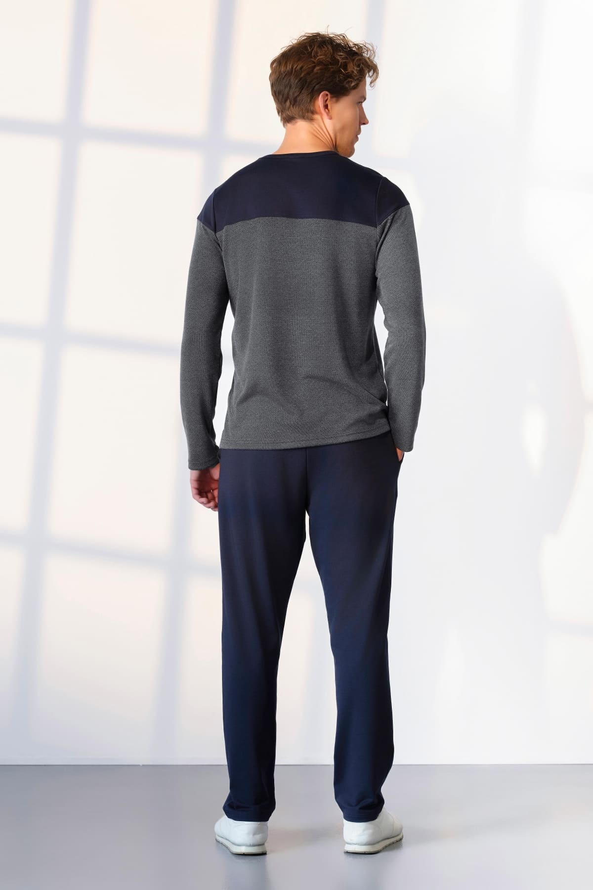 Uzun Kollu Cepli Gri Lacivert Pijama Takımı Doreanse 25K4532 - Gri