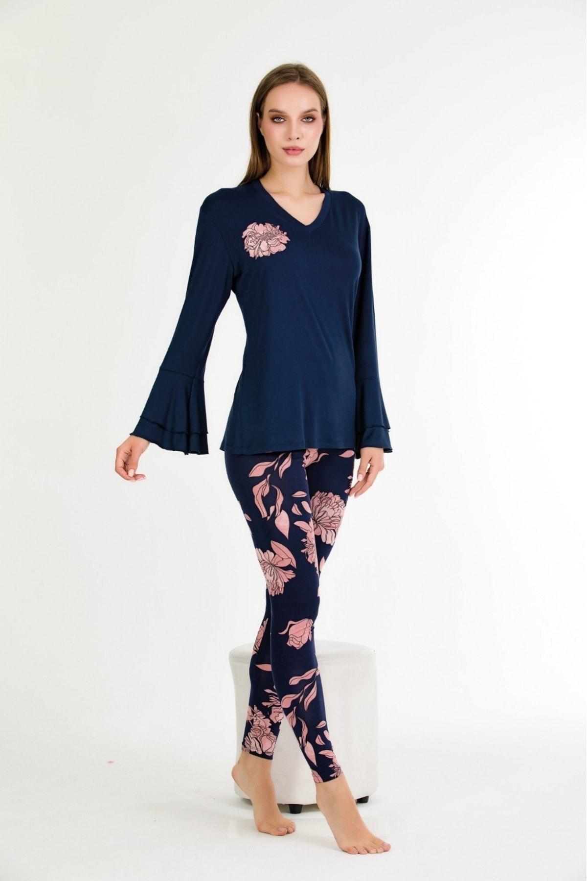 Lady Çiçek Desenli Uzun Kollu Tayt Pijama Takımı Lady 11625