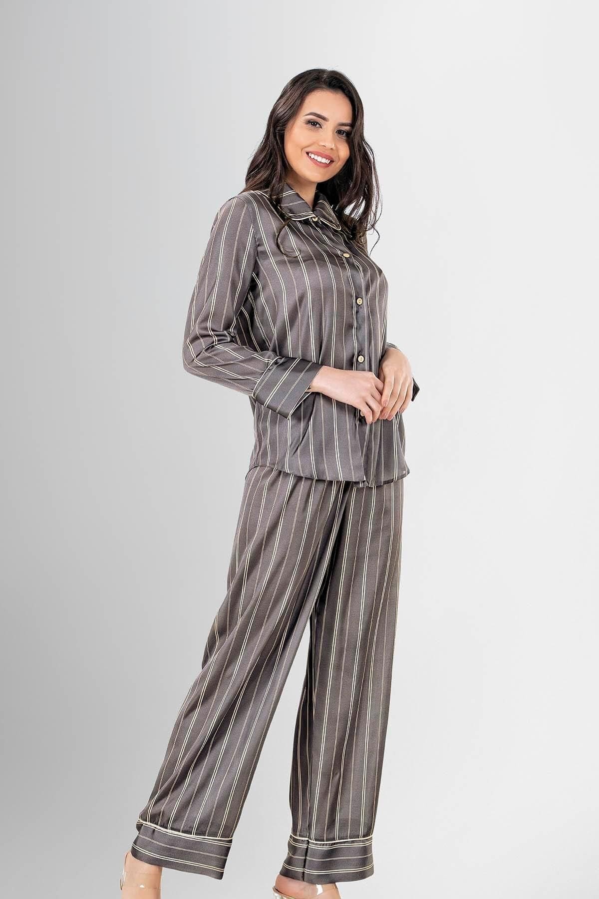 Uzun Kollu Düğmeli Çizgili Kadın Pijama Takımı Ahu 1947 - Gri