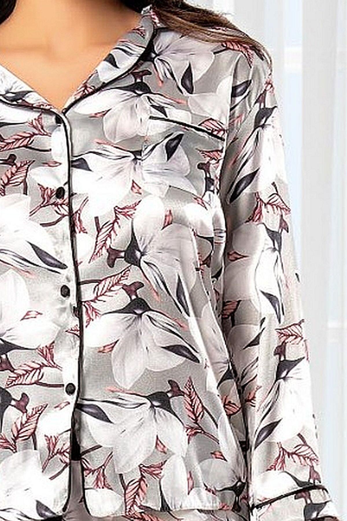 Saten Düğmeli Uzun Kollu Pijama Çeyiz Seti XSES 2000 - Gri