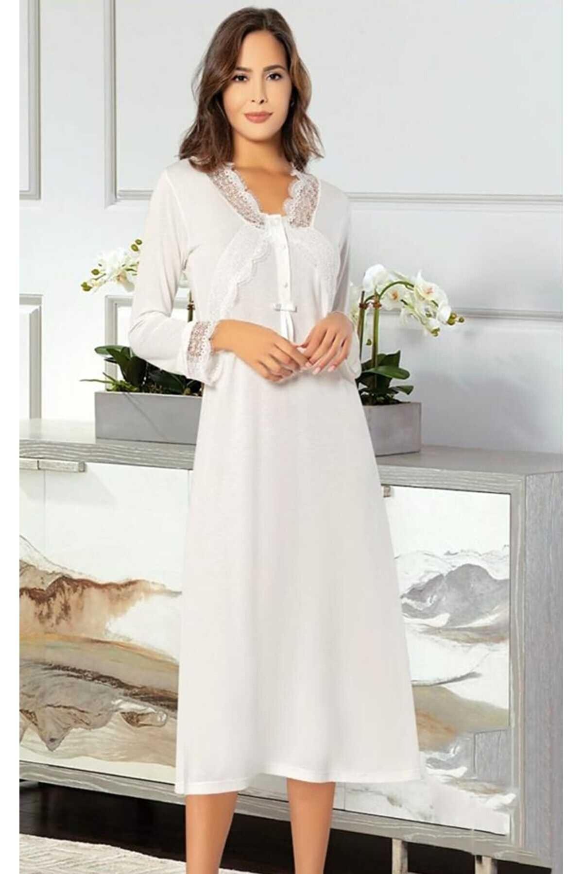 Uzun Kollu A Kesim Emzirme Gecelik Ekru XSES 2500 - Ekru