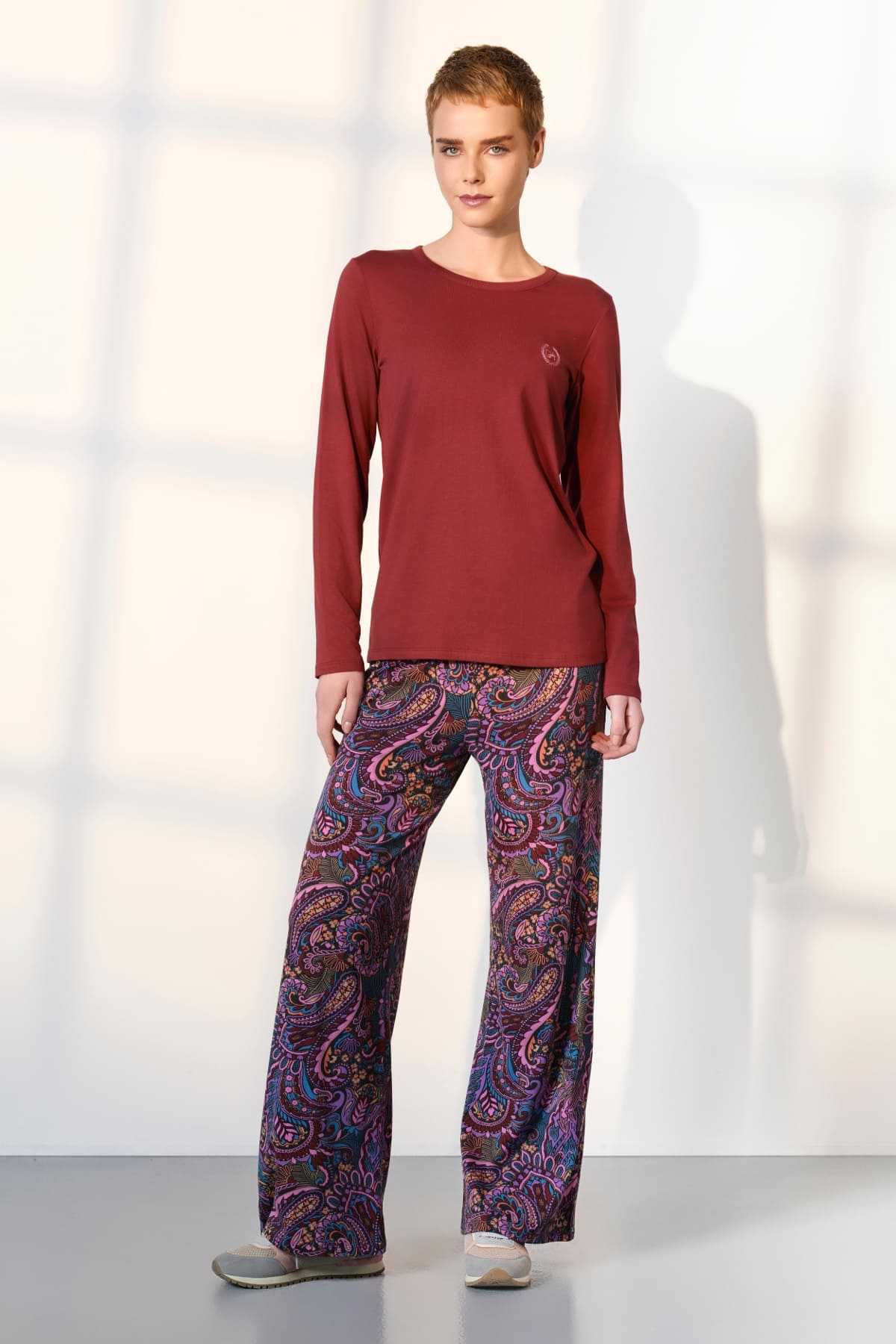 Uzun Kollu Kırmızı Desenli Kadın Pijama Takımı Doreanse 25K4035 - Kırmızı