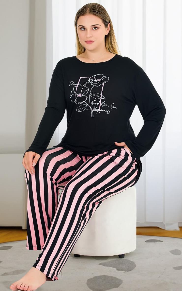 Uzun Kollu Lacivert Büyük Beden Viskon Pijama Takımı Lady 11382 - Lacivert