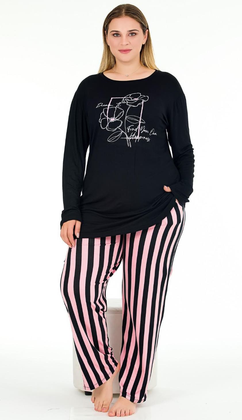 Uzun Kollu Lacivert Büyük Beden Viskon Pijama Takımı Lady 11382 - Lacivert