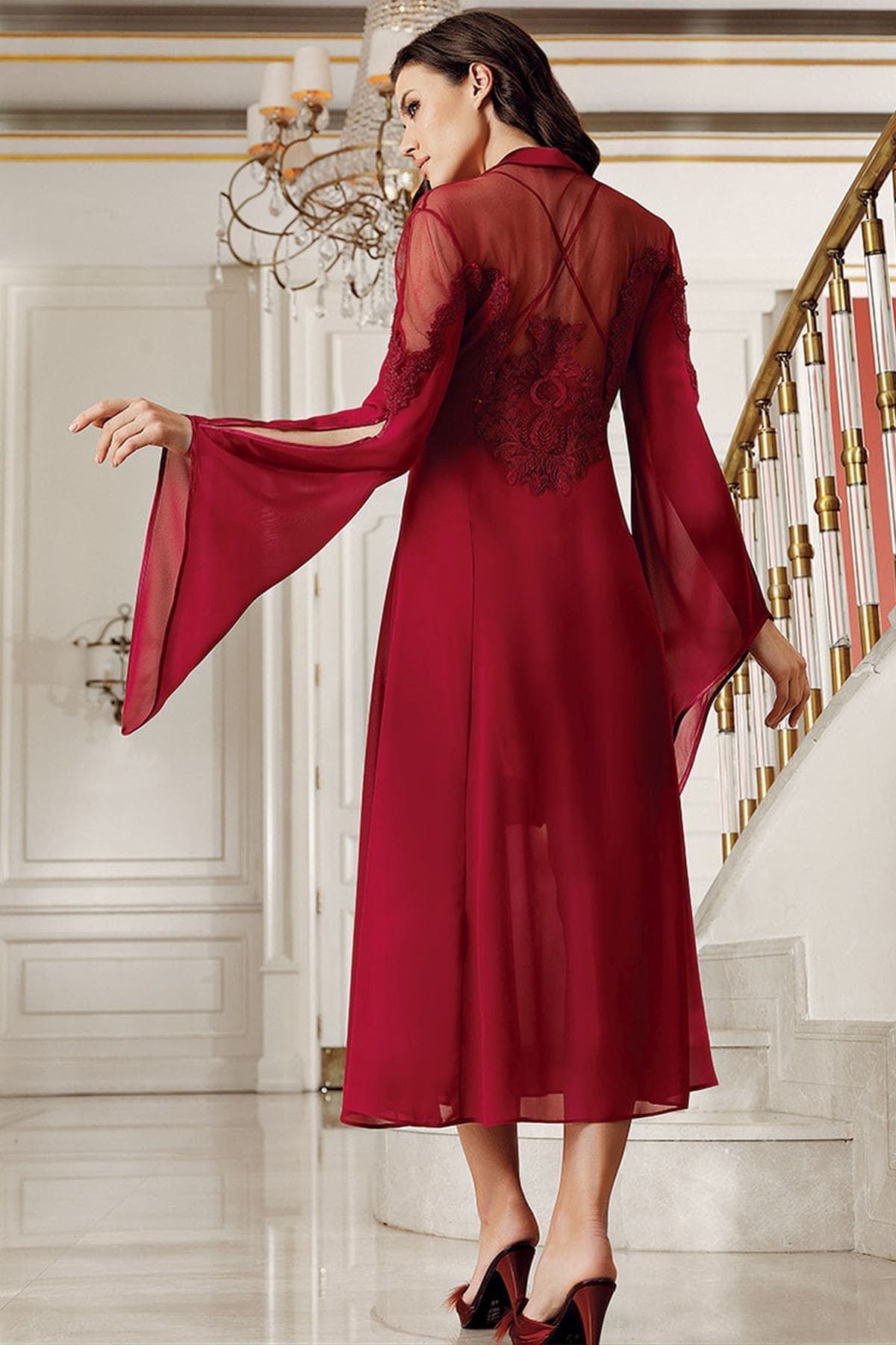 Saten Mini Gecelik 2li Set Pembe İmaj 4201 - Bordo