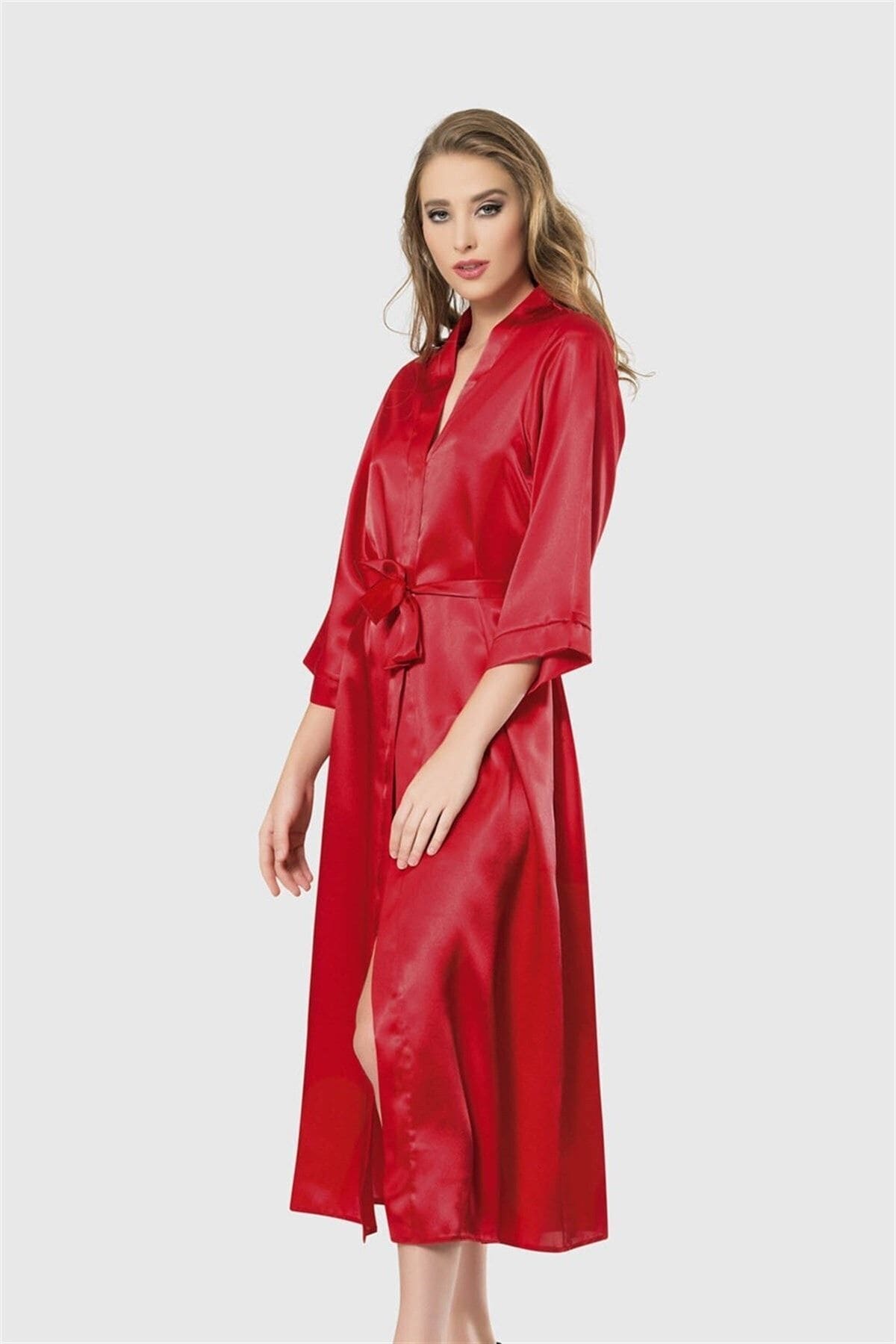 Uzun Saten Sabahlık Ahu Lingerie 7472 - Kırmızı