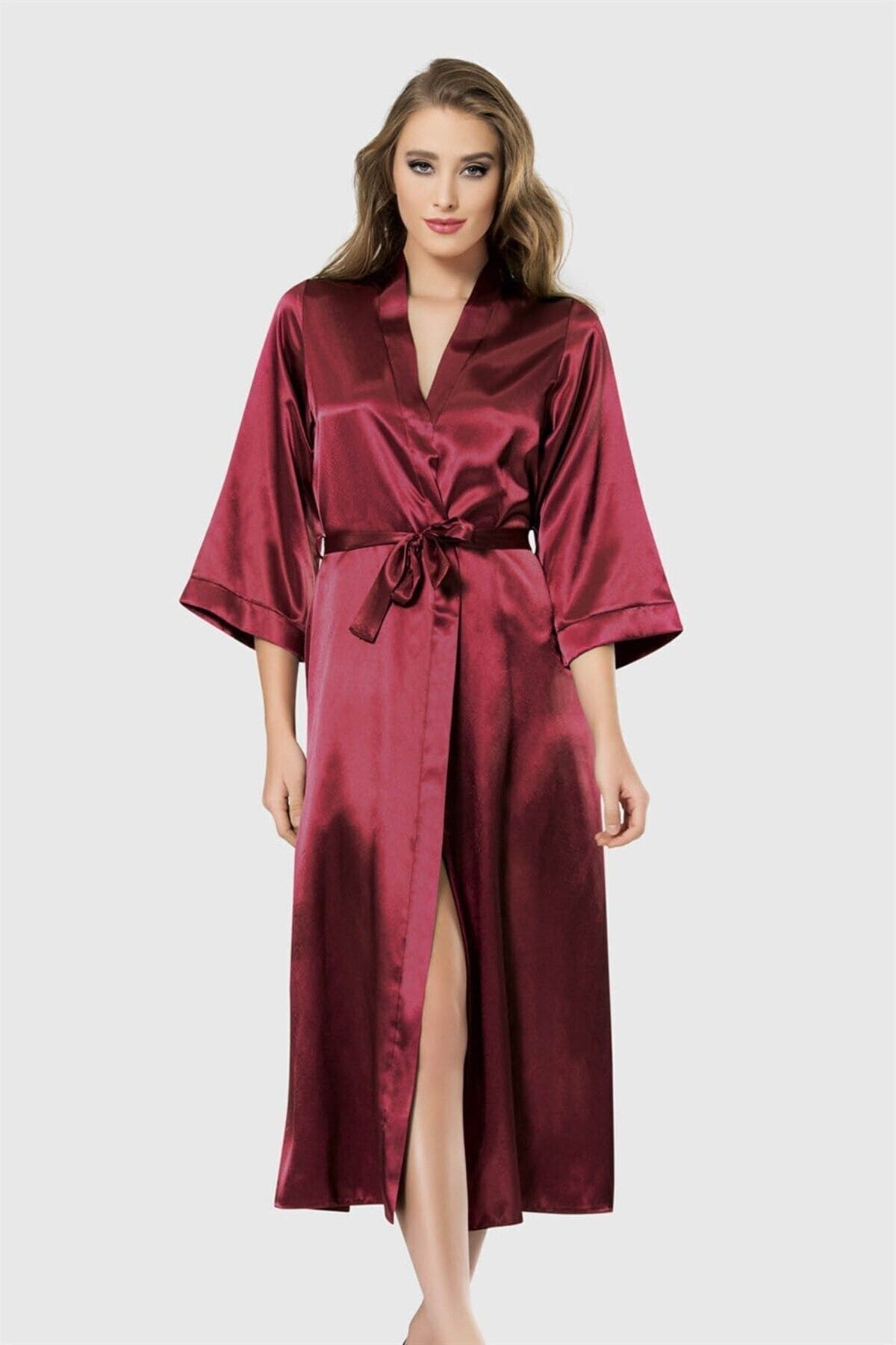 Uzun Saten Sabahlık Ahu Lingerie 7472 - Bordo